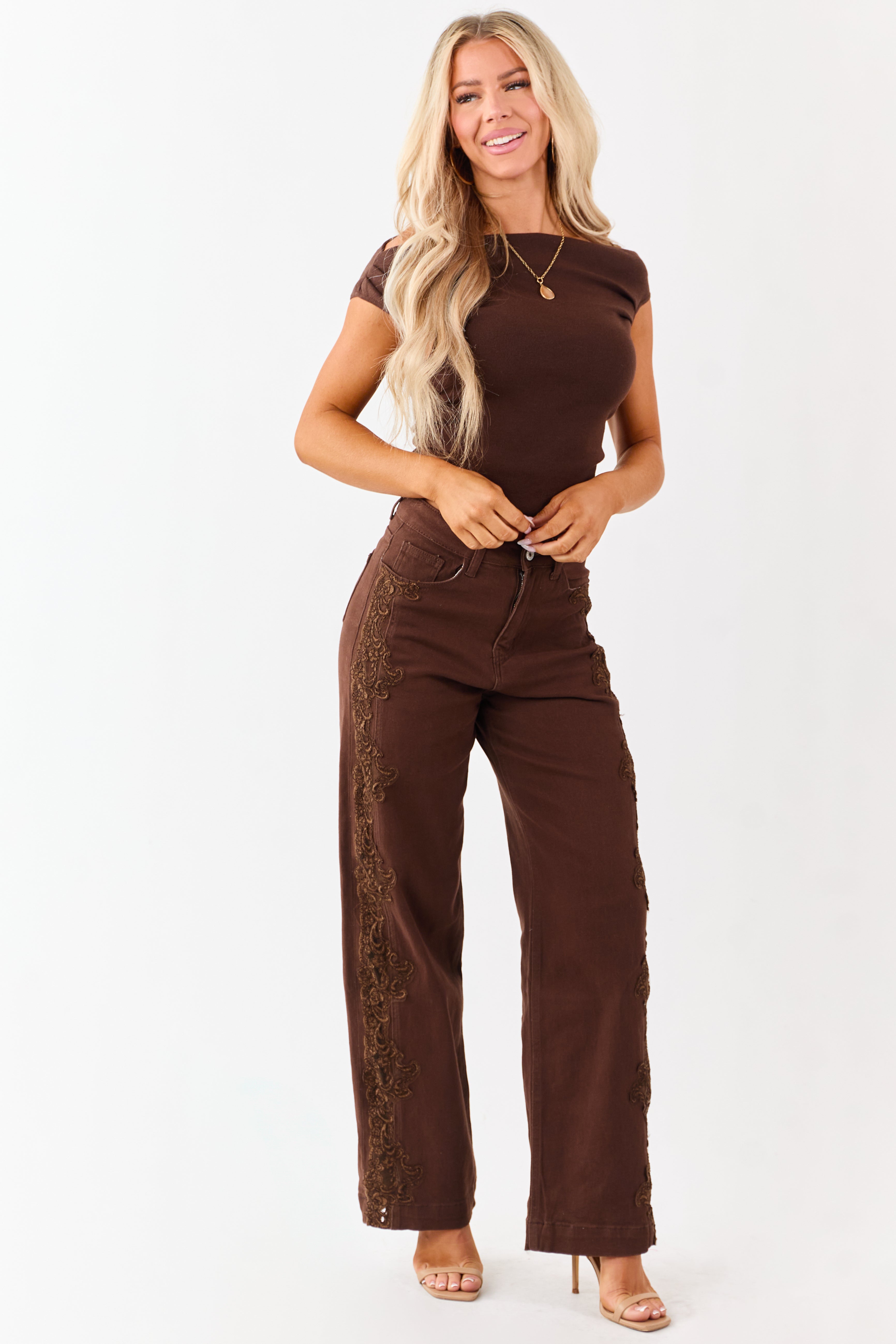 Cocoa High Rise Lace Trim Stretchy Straight Jeans