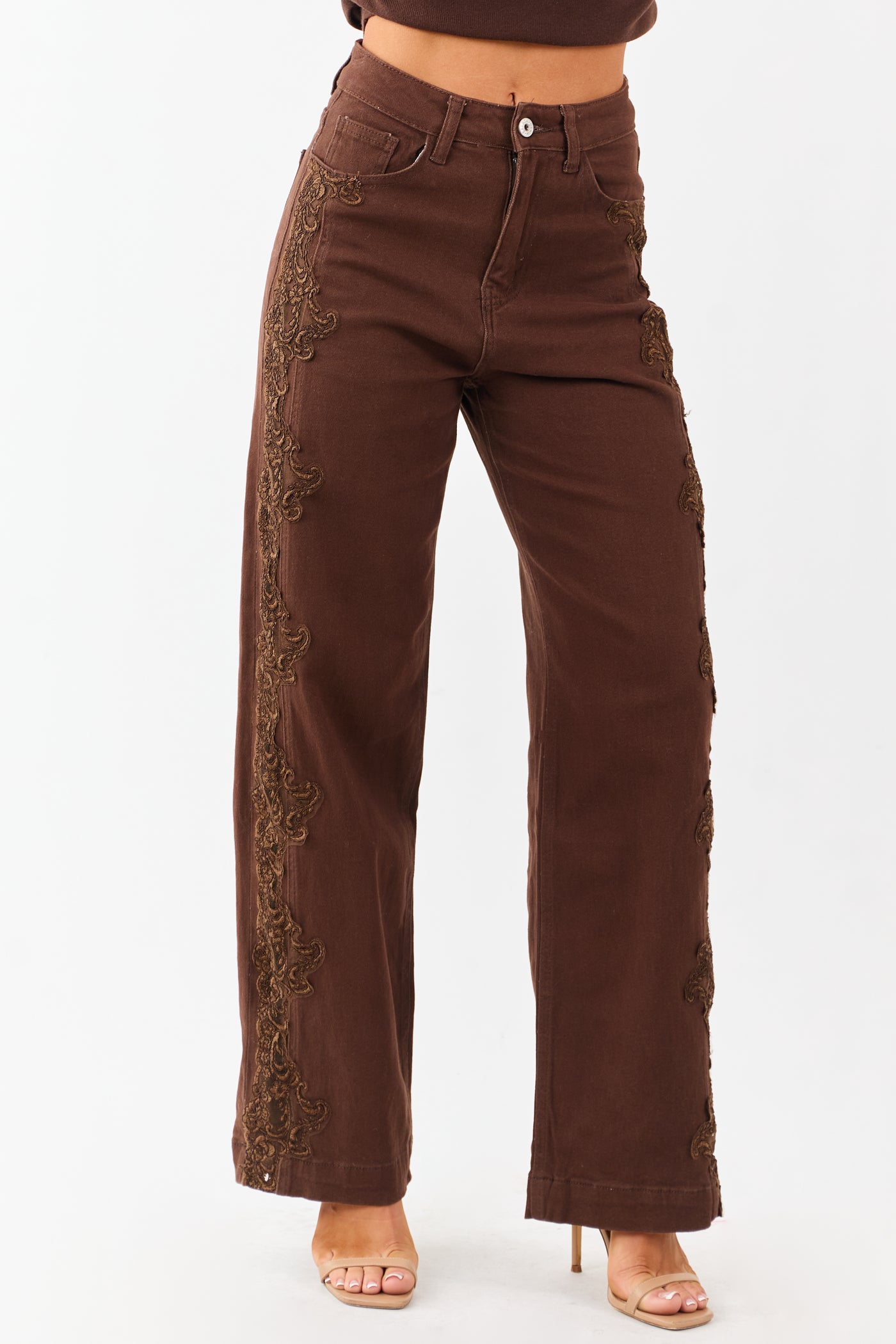 Cocoa High Rise Lace Trim Stretchy Straight Jeans