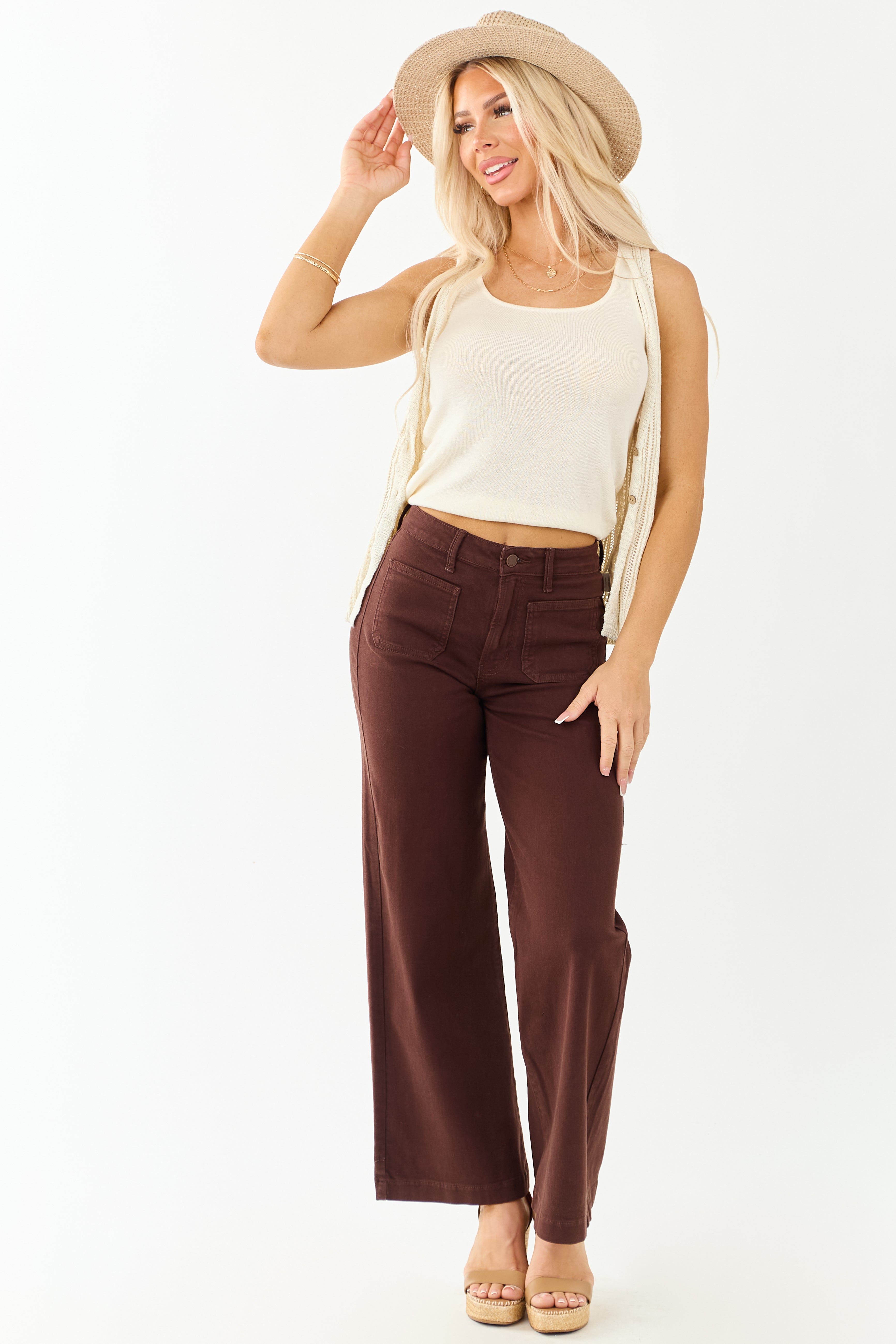 Cocoa High Rise Patch Pocket Stretchy Wide Leg Jeans