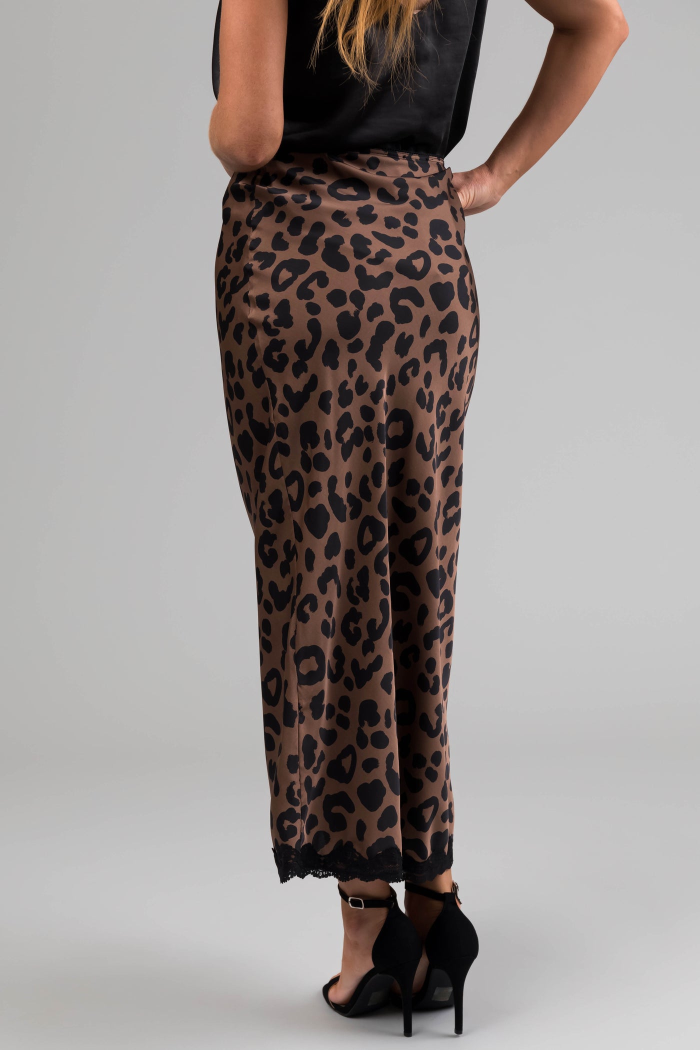 Cocoa Leopard Print Lace Trim Satin Midi Skirt