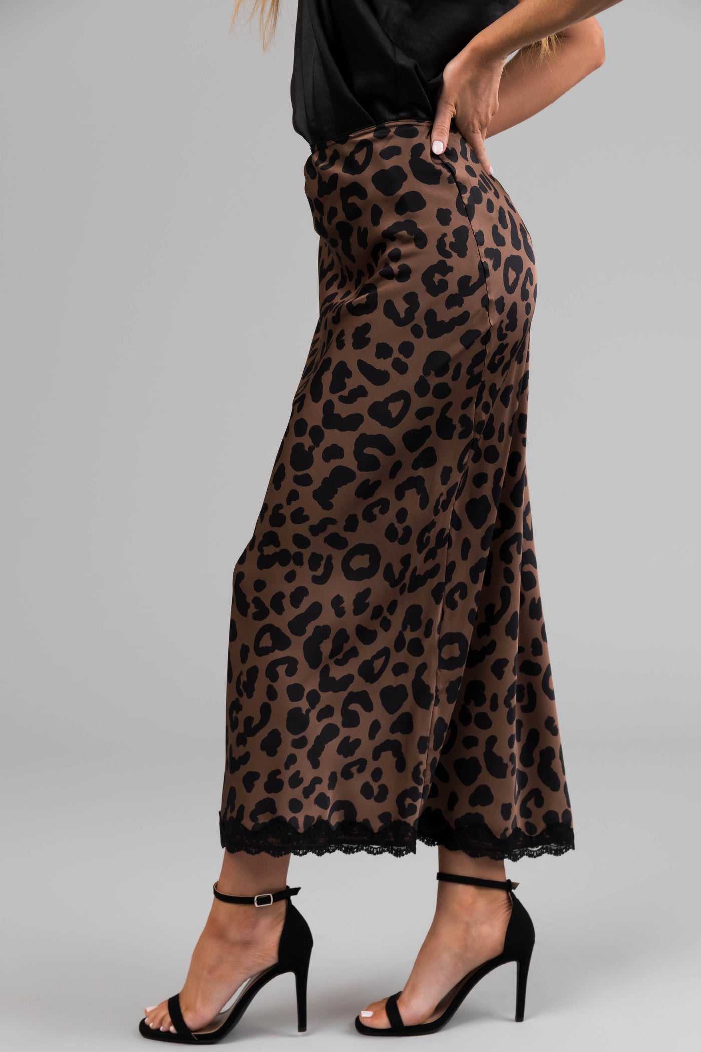 Cocoa Leopard Print Lace Trim Satin Midi Skirt