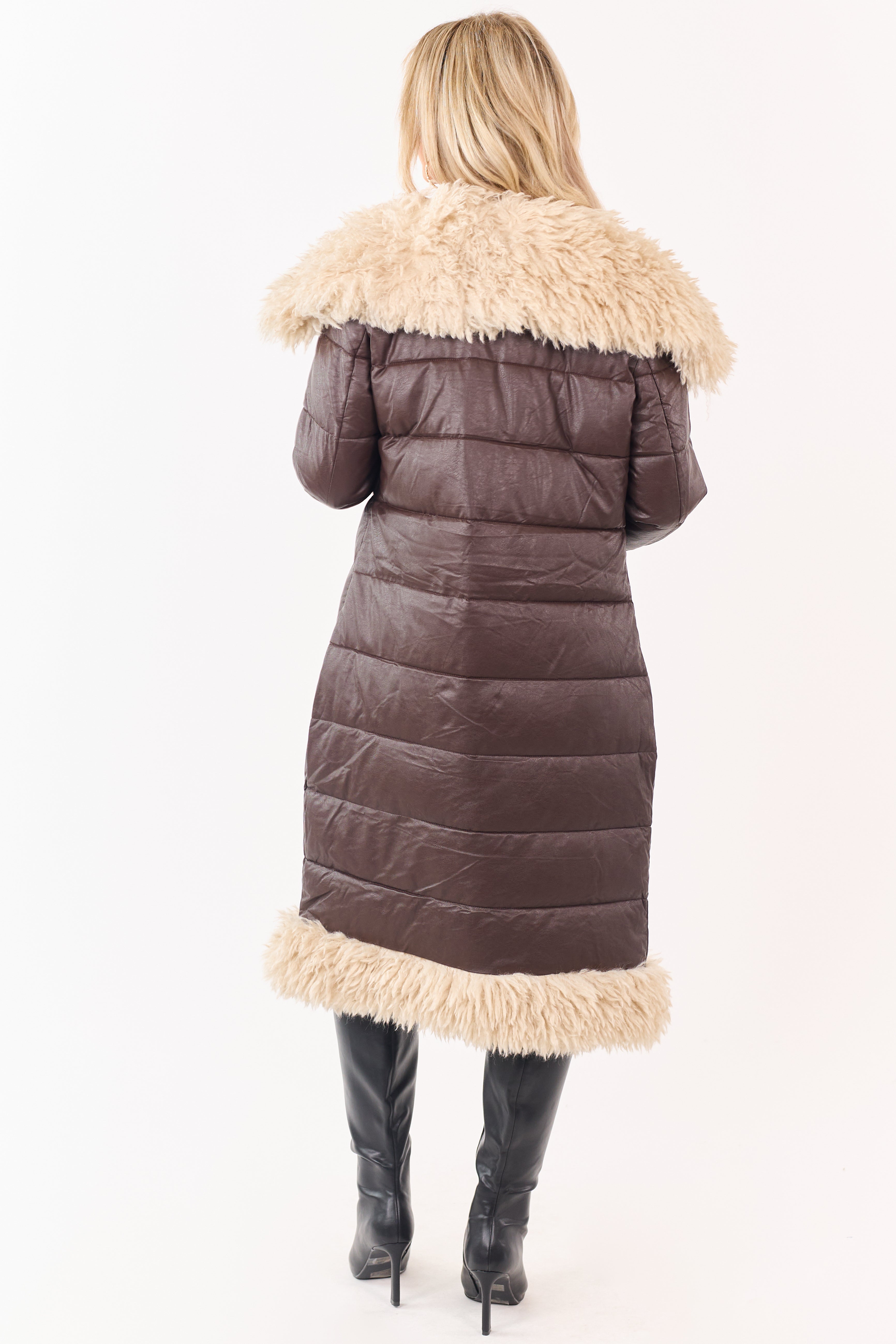Cocoa Longline Puffer Coat with Contrast Fur Trim