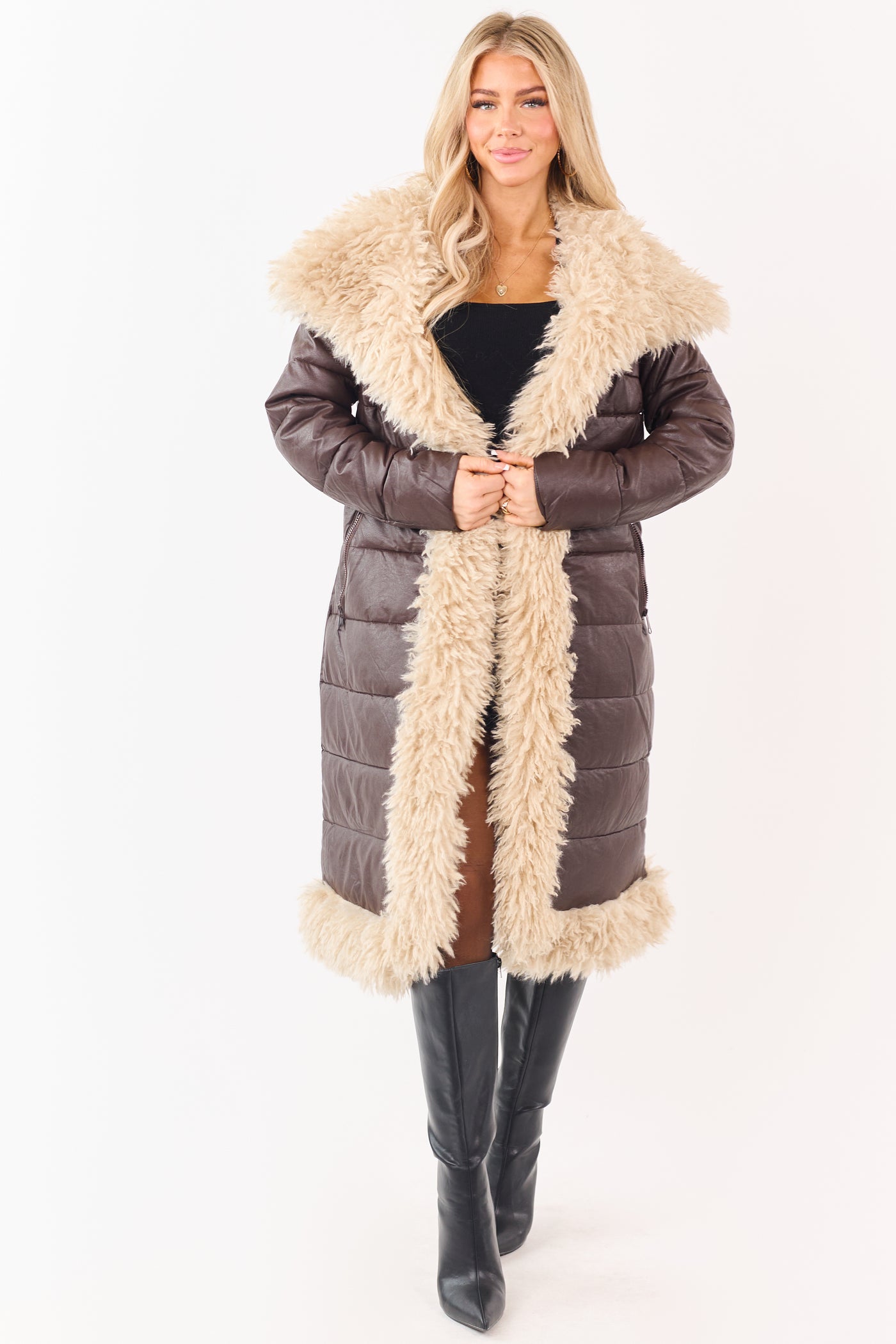 Cocoa Longline Puffer Coat with Contrast Fur Trim
