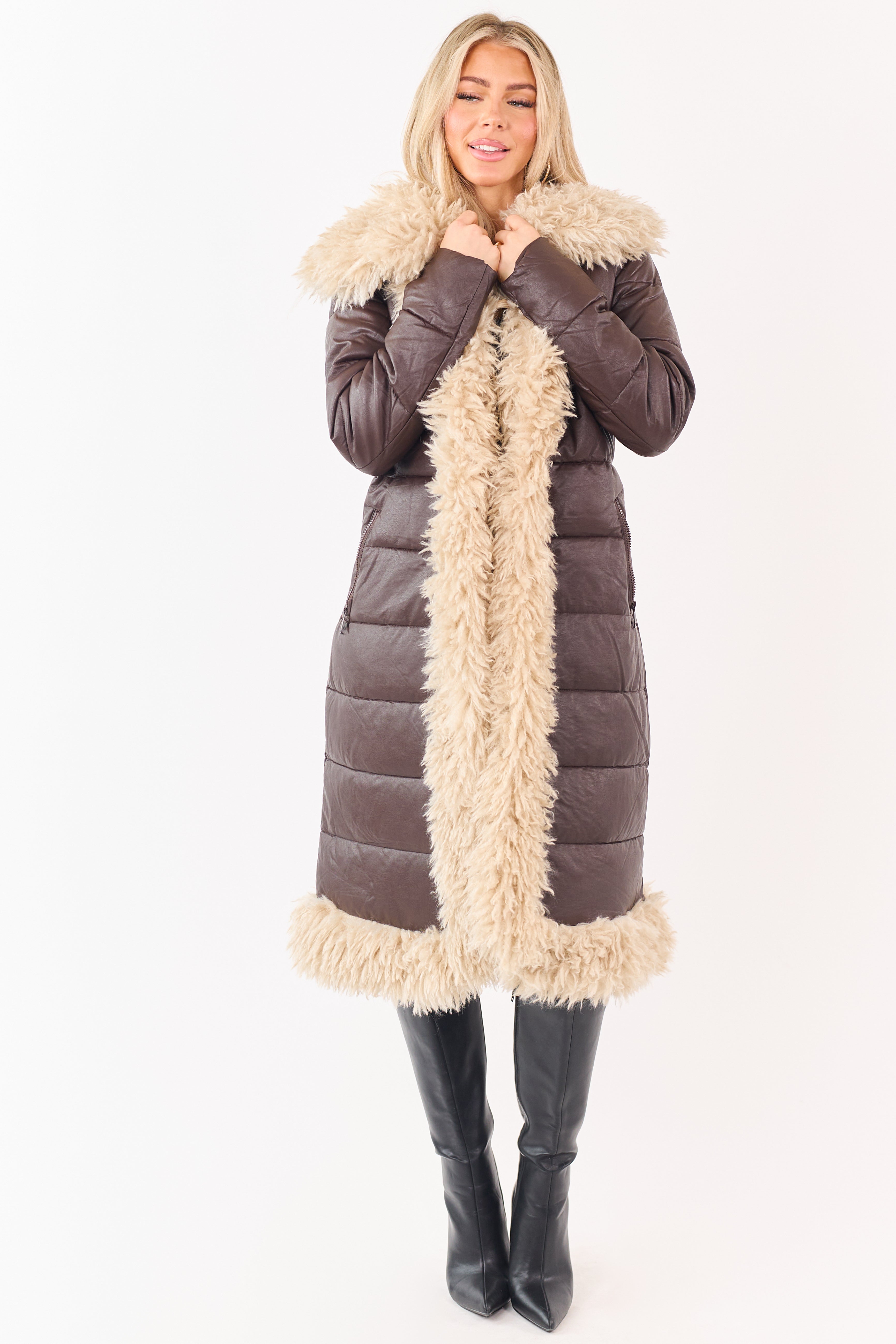 Cocoa Longline Puffer Coat with Contrast Fur Trim