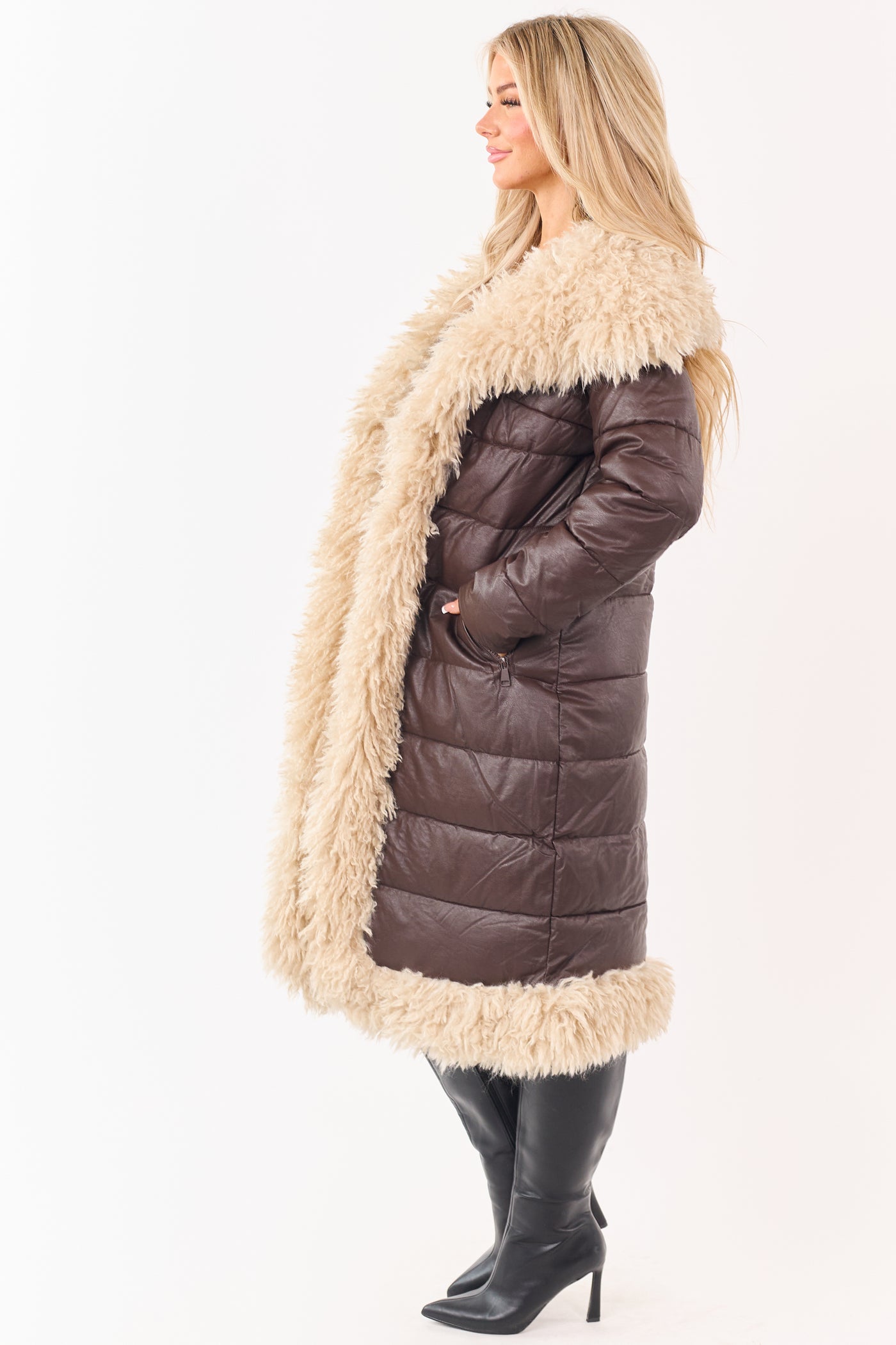 Cocoa Longline Puffer Coat with Contrast Fur Trim