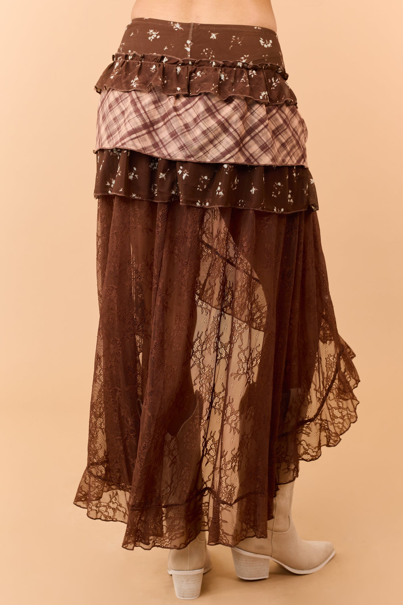Cocoa Mixed Floral Lace Tiered High Low Maxi Skort