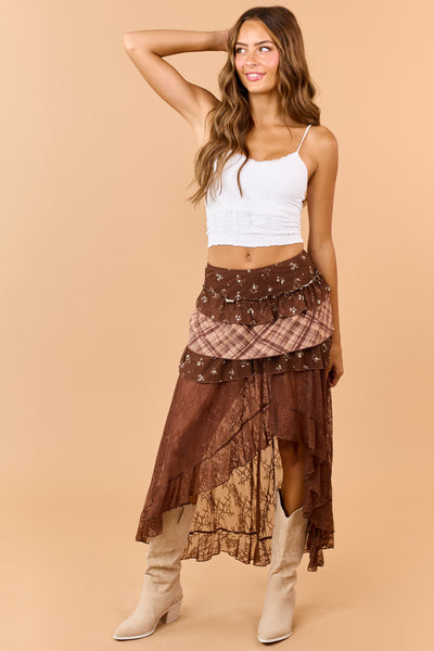 Cocoa Mixed Floral Lace Tiered High Low Maxi Skort