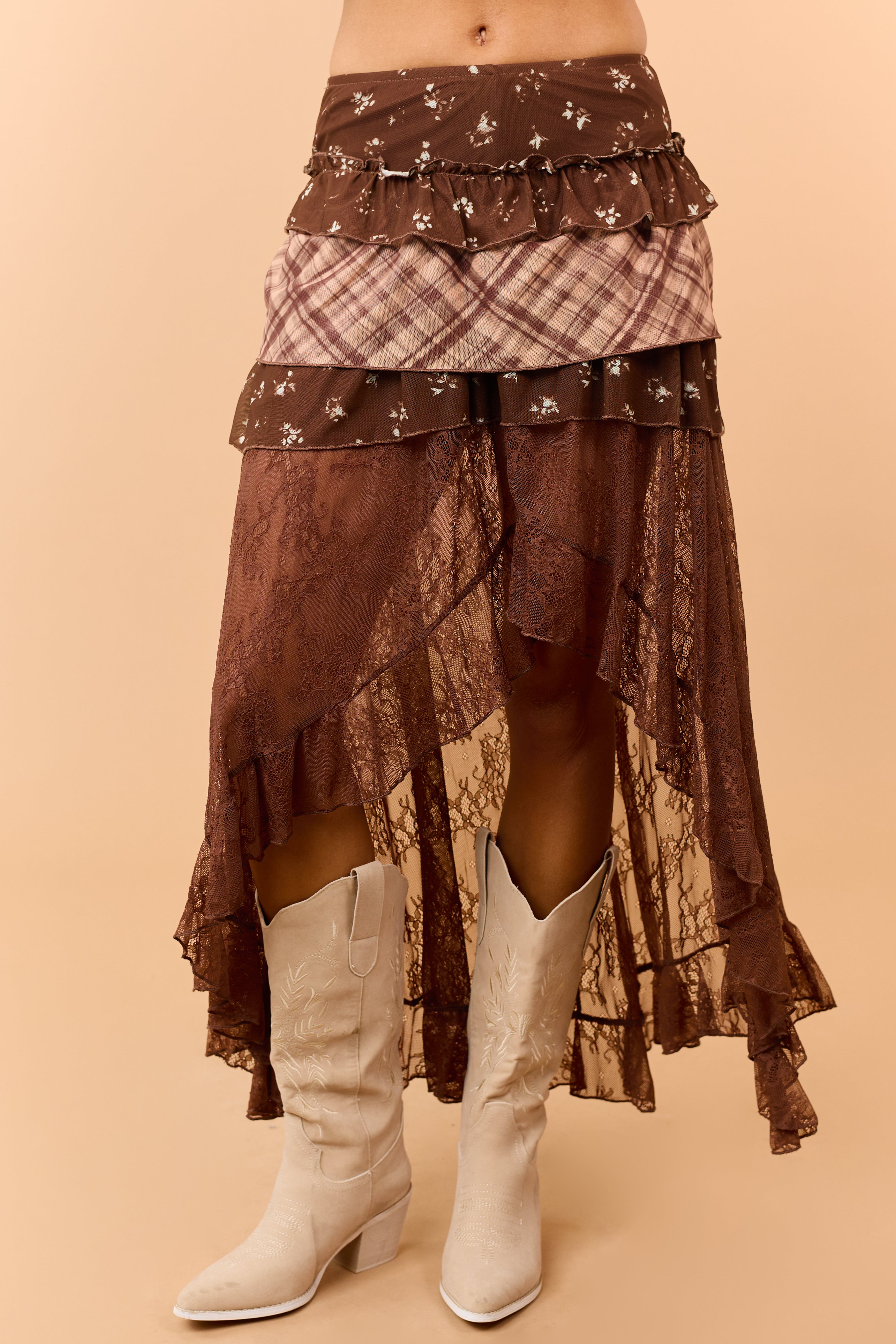 Cocoa Mixed Floral Lace Tiered High Low Maxi Skort