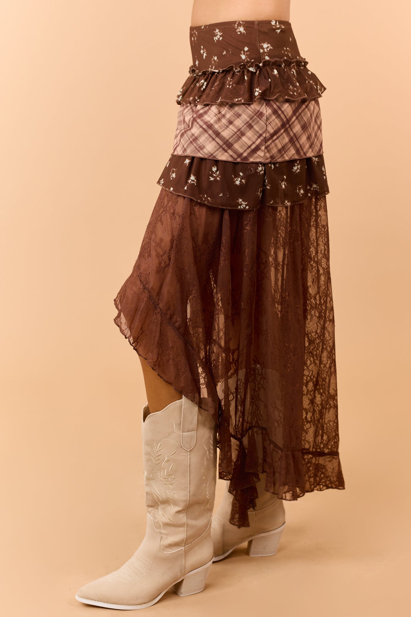Cocoa Mixed Floral Lace Tiered High Low Maxi Skort