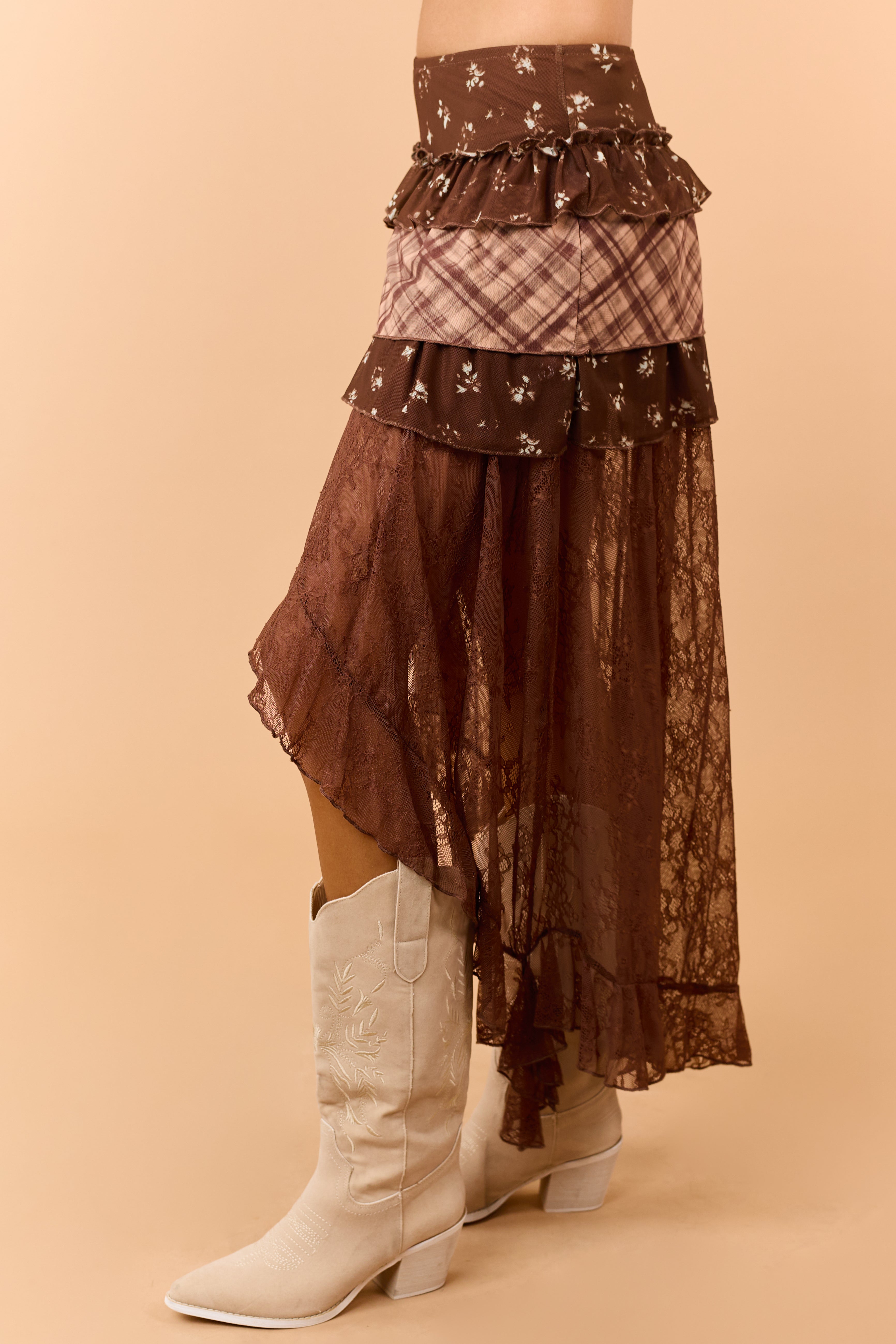 Cocoa Mixed Floral Lace Tiered High Low Maxi Skort