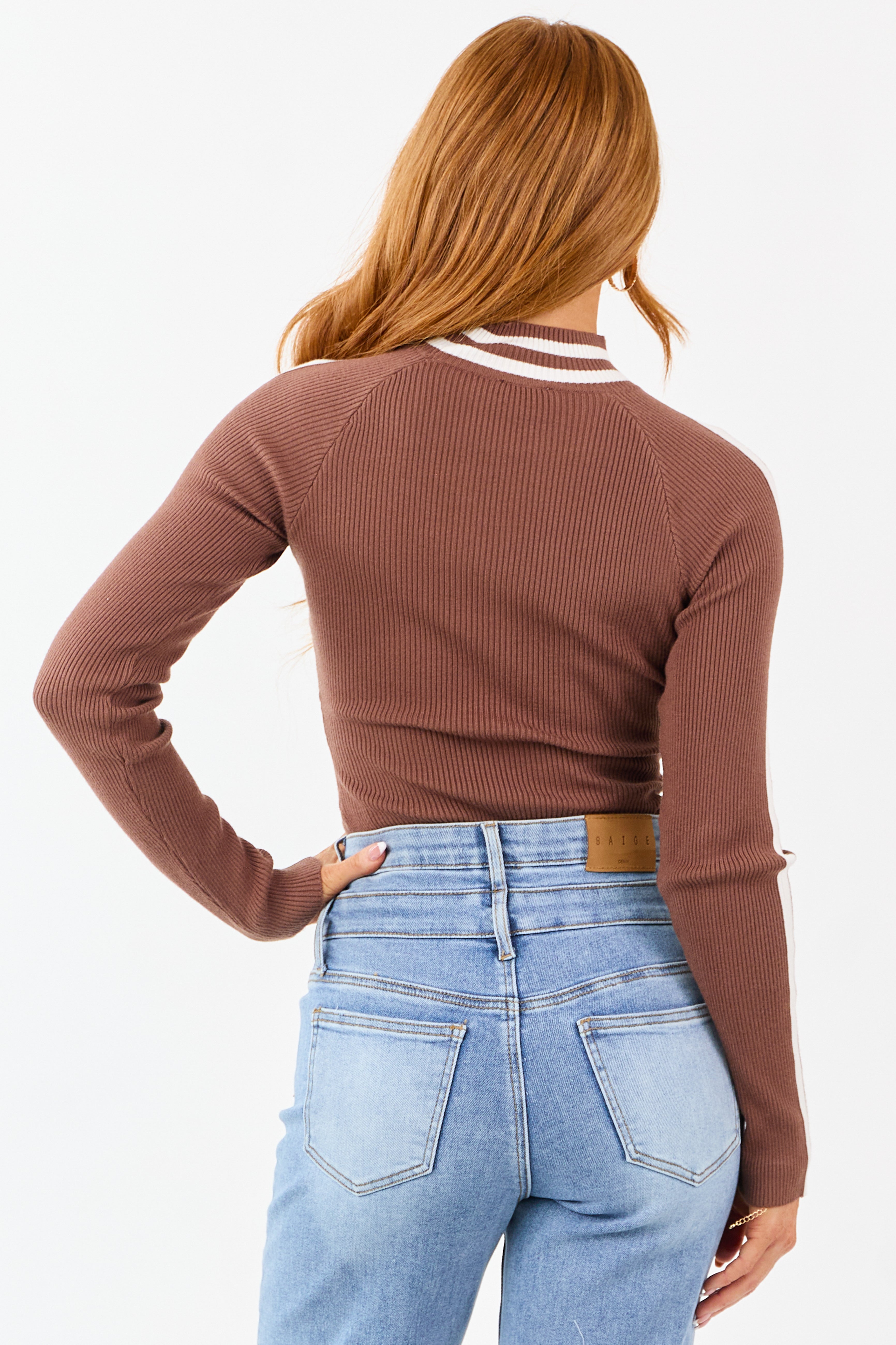 Cocoa Mock Neck Ribbed Knit Long Sleeve Bodysuit