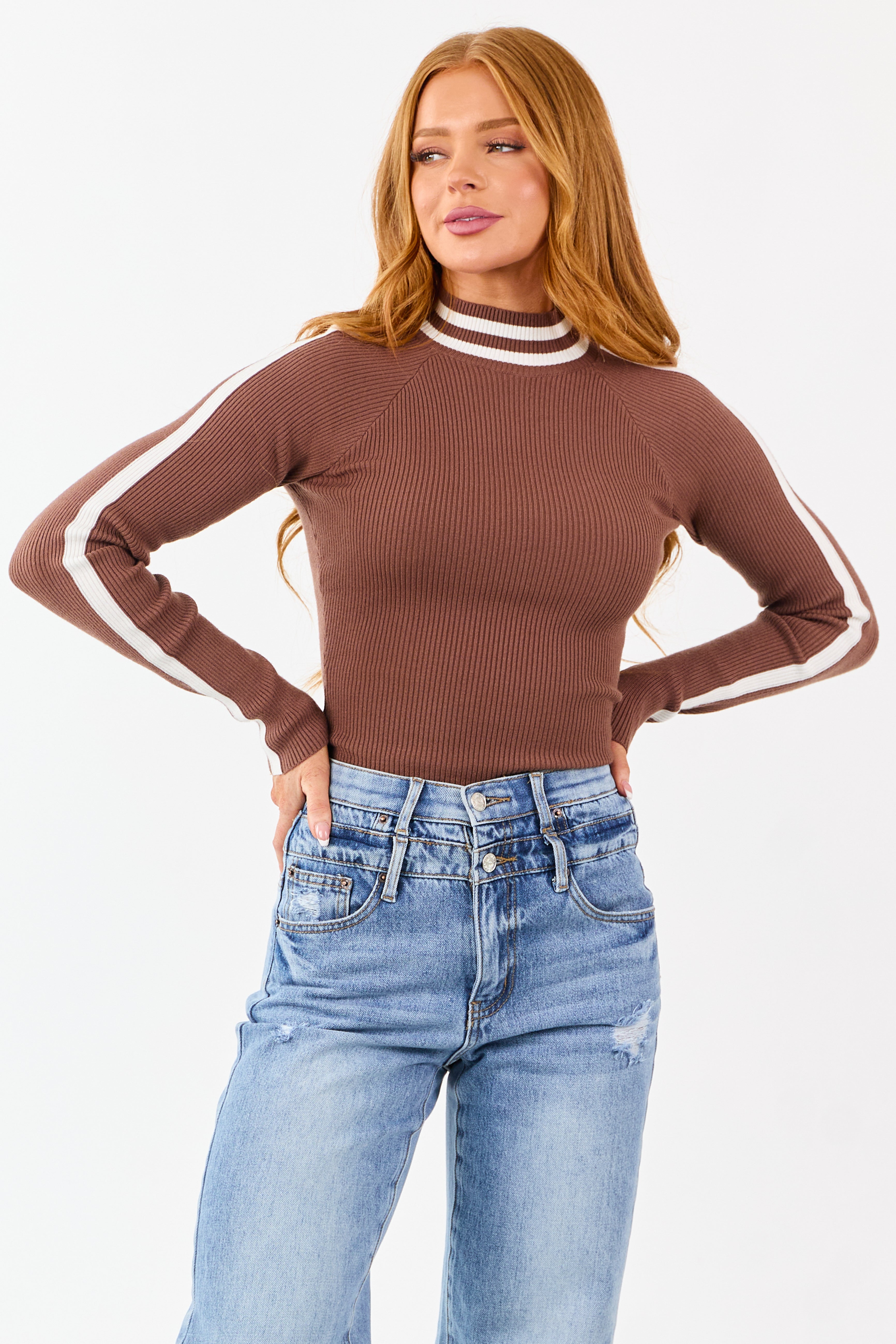 Cocoa Mock Neck Ribbed Knit Long Sleeve Bodysuit