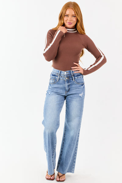 Cocoa Mock Neck Ribbed Knit Long Sleeve Bodysuit