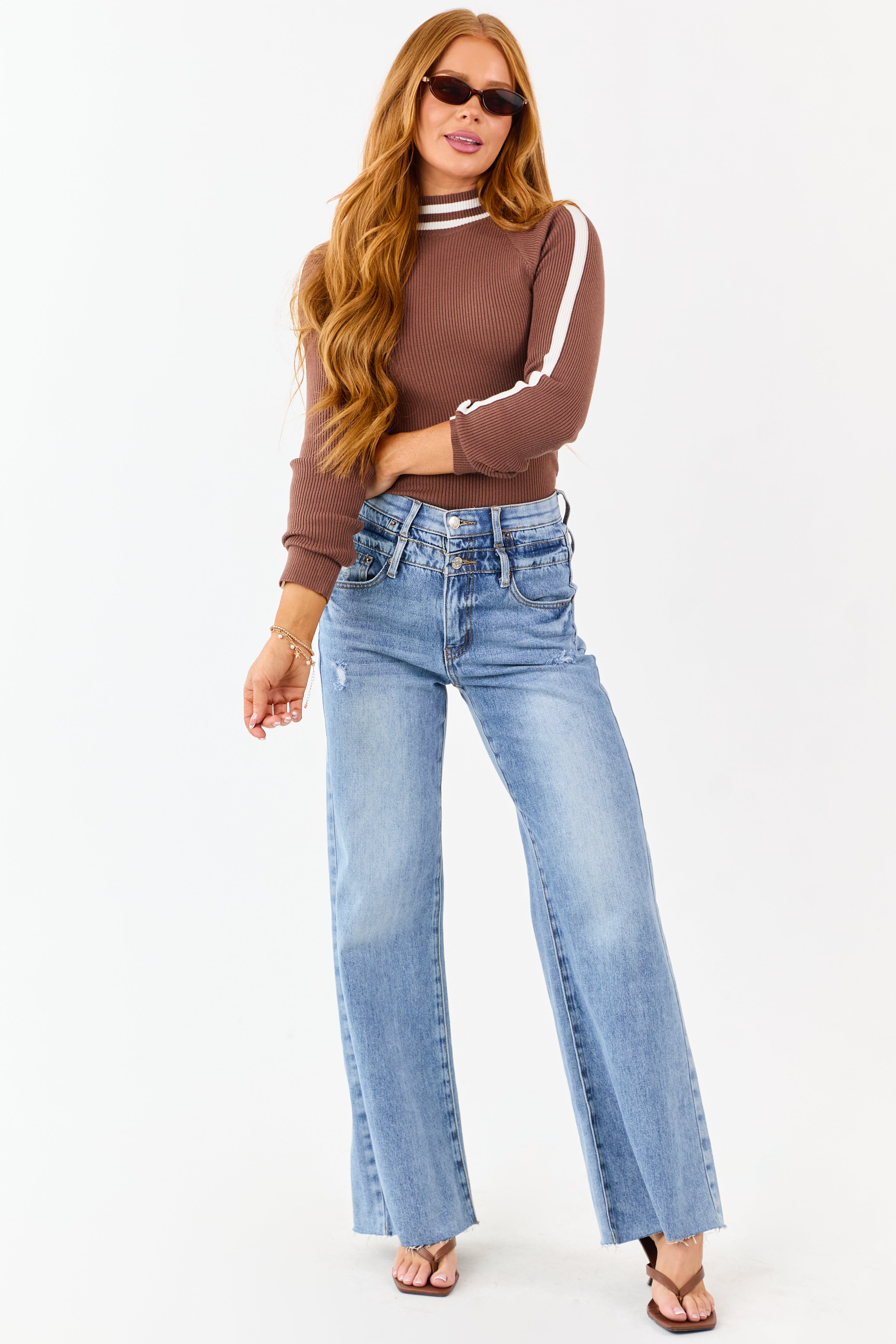 Cocoa Mock Neck Ribbed Knit Long Sleeve Bodysuit