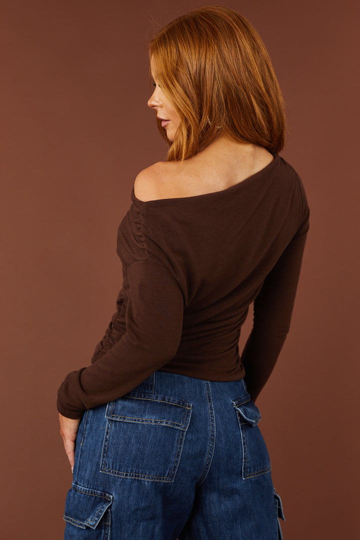 Cocoa Off Shoulder Ruched Side Long Sleeve Top