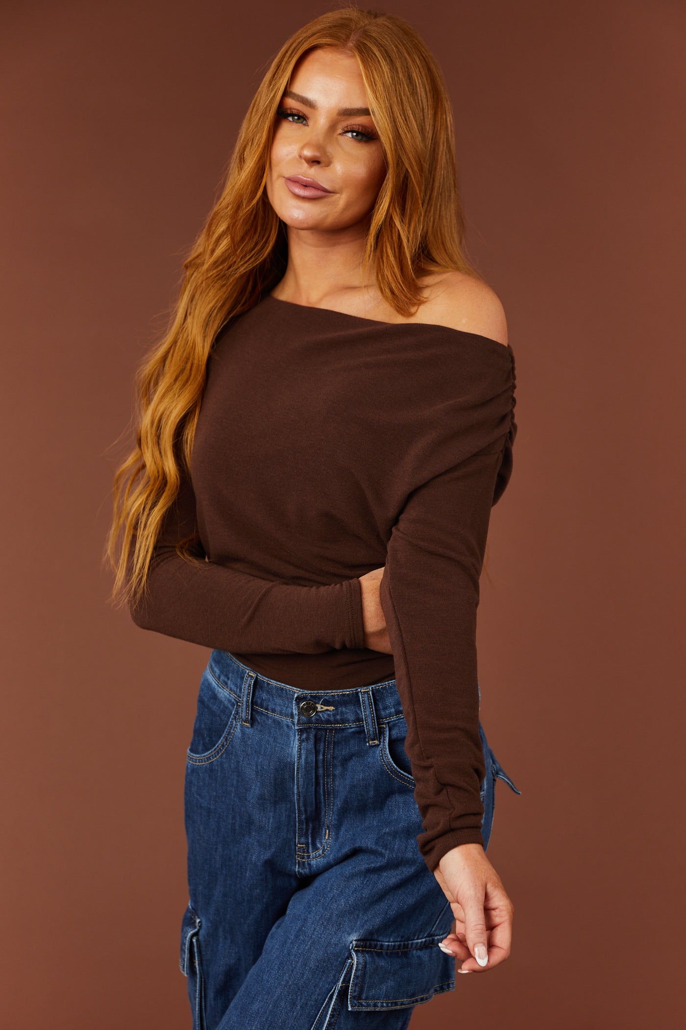 Cocoa Off Shoulder Ruched Side Long Sleeve Top