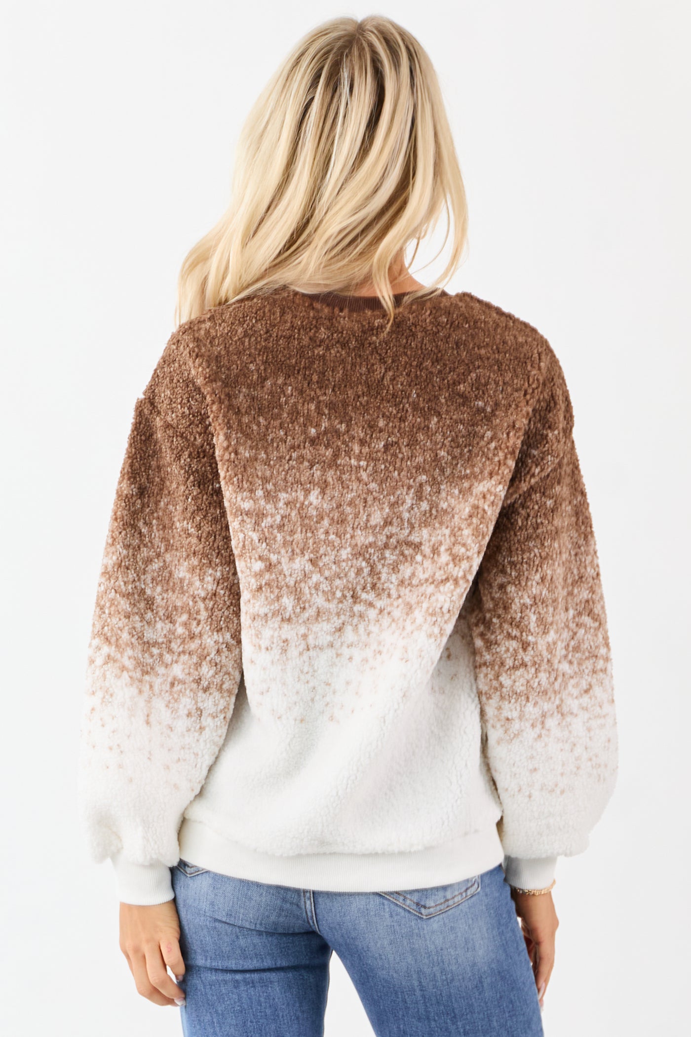 Cocoa Ombre Sherpa Crew Neck Ribbed Trim Sweater
