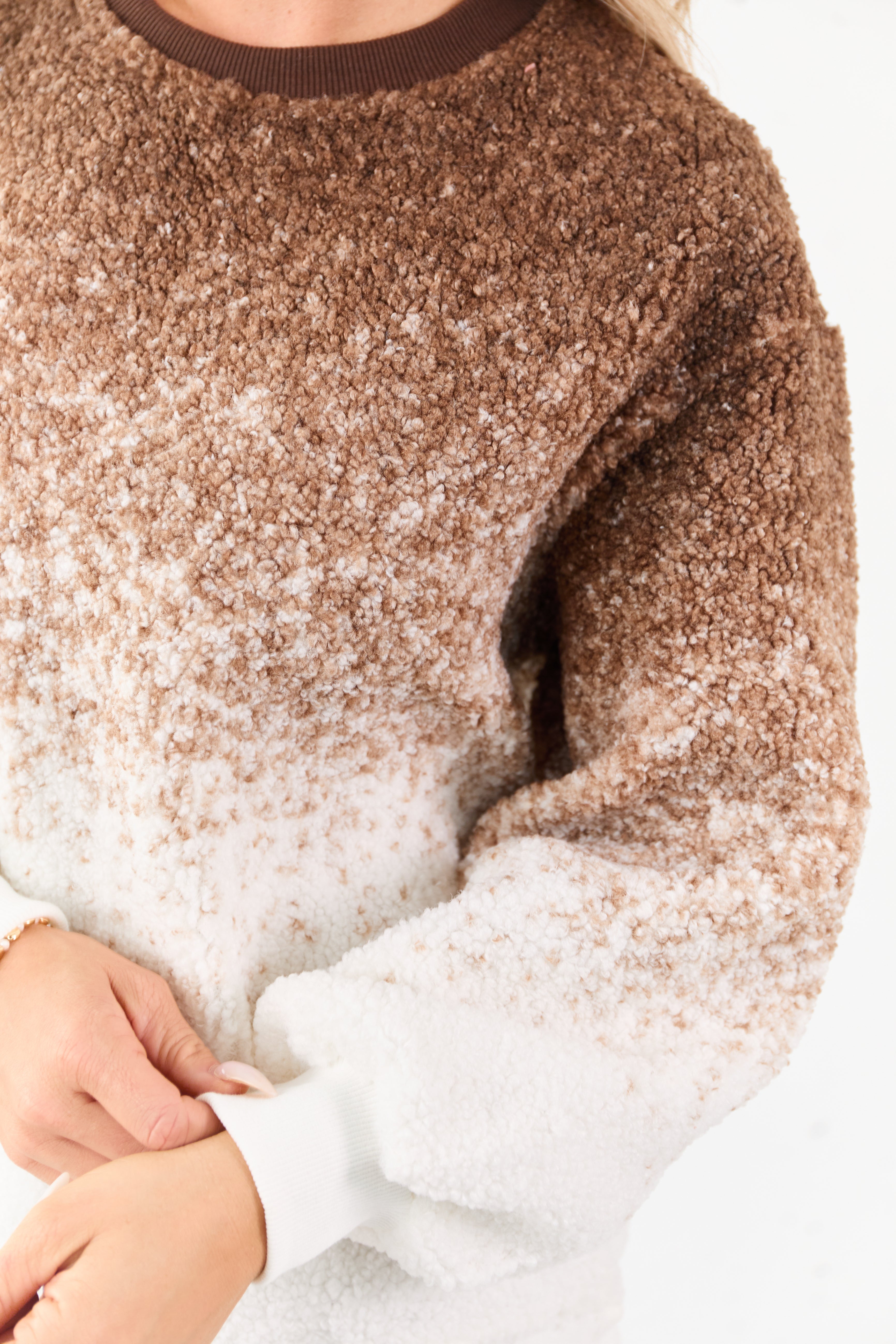 Cocoa Ombre Sherpa Crew Neck Ribbed Trim Sweater