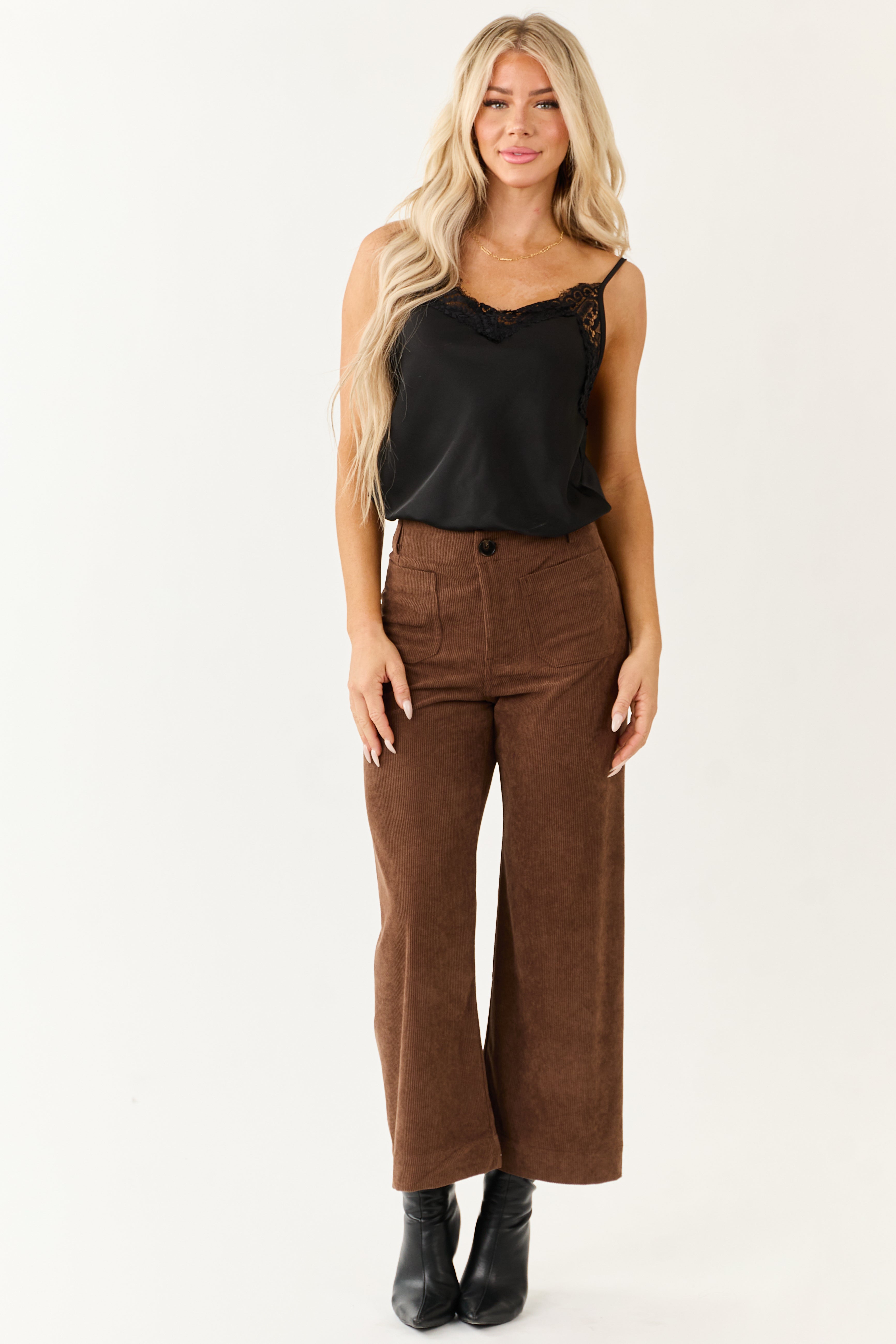 Cocoa Patch Pocket Corduroy Wide Leg Cropped Pants | Lime Lush