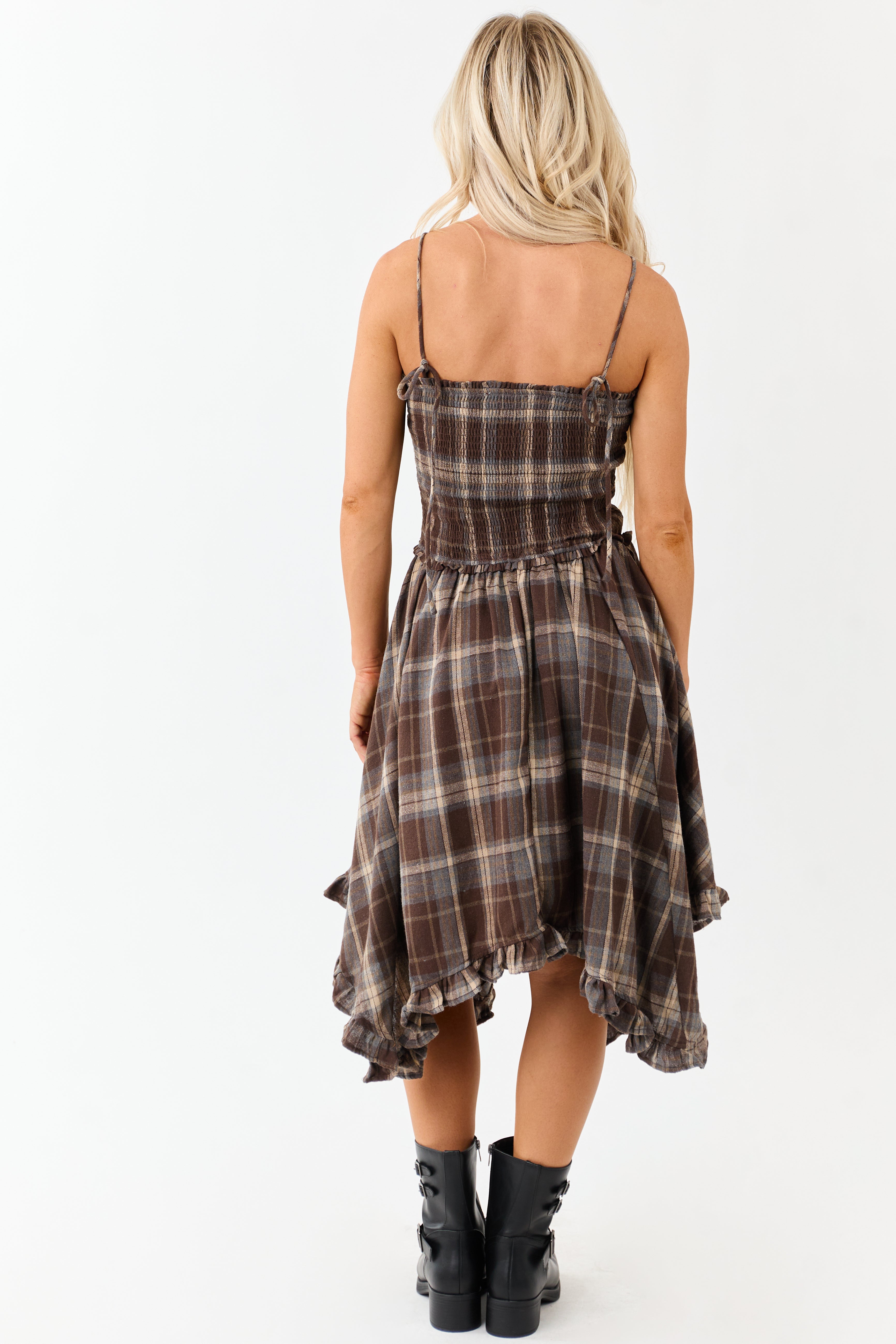 Cocoa Plaid Handkerchief Hem Sleeveless Midi Dress