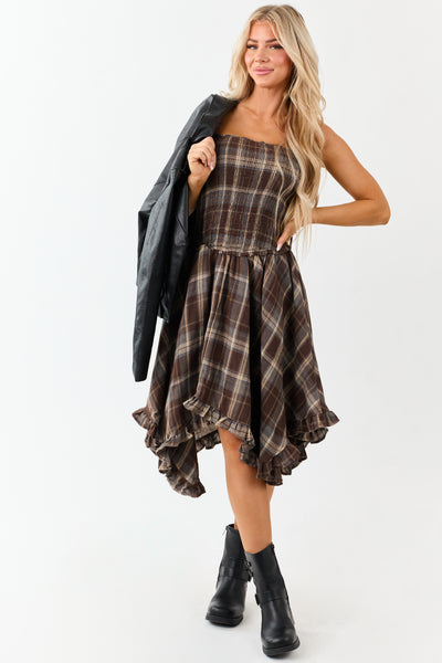 Cocoa Plaid Handkerchief Hem Sleeveless Midi Dress