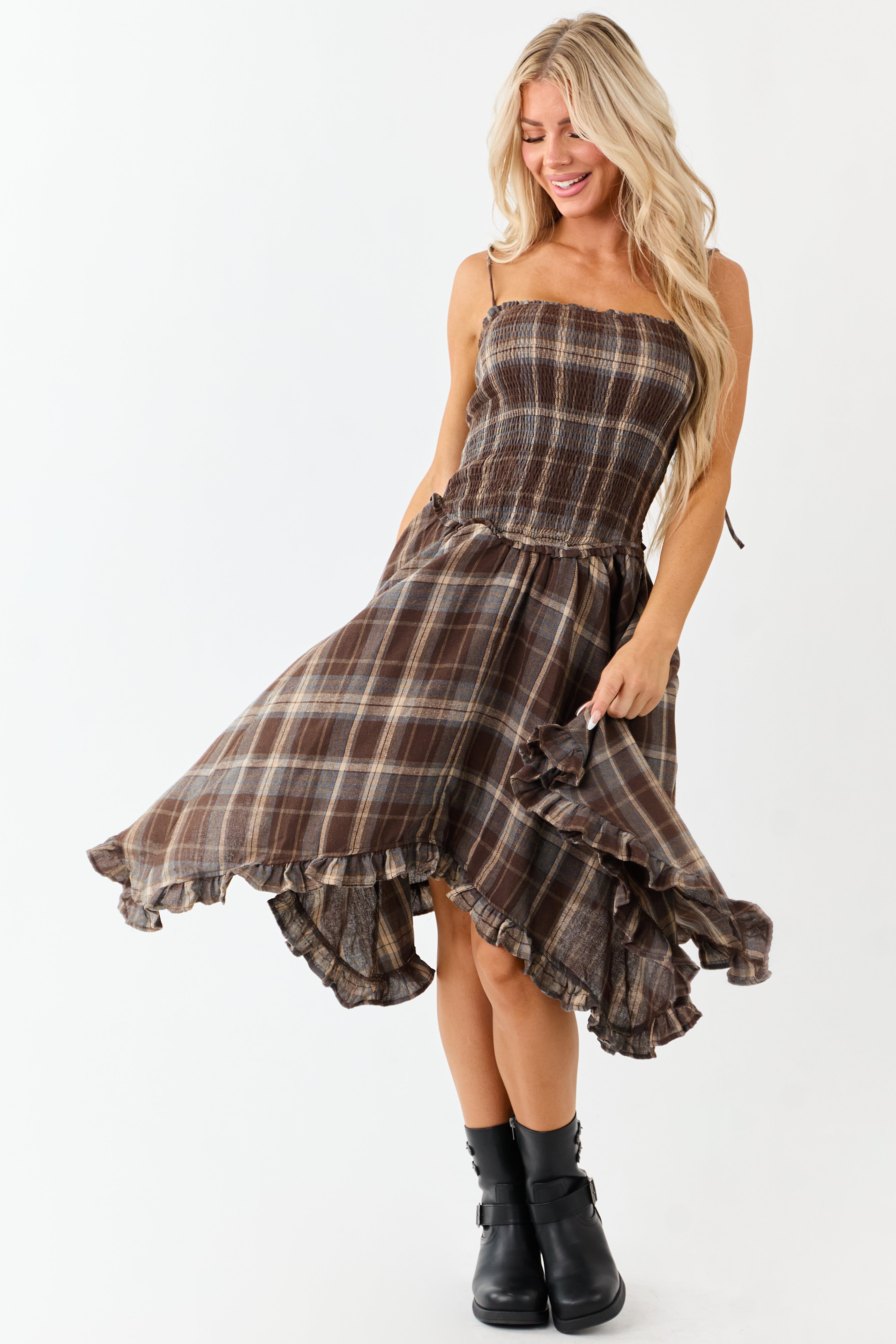 Cocoa Plaid Handkerchief Hem Sleeveless Midi Dress