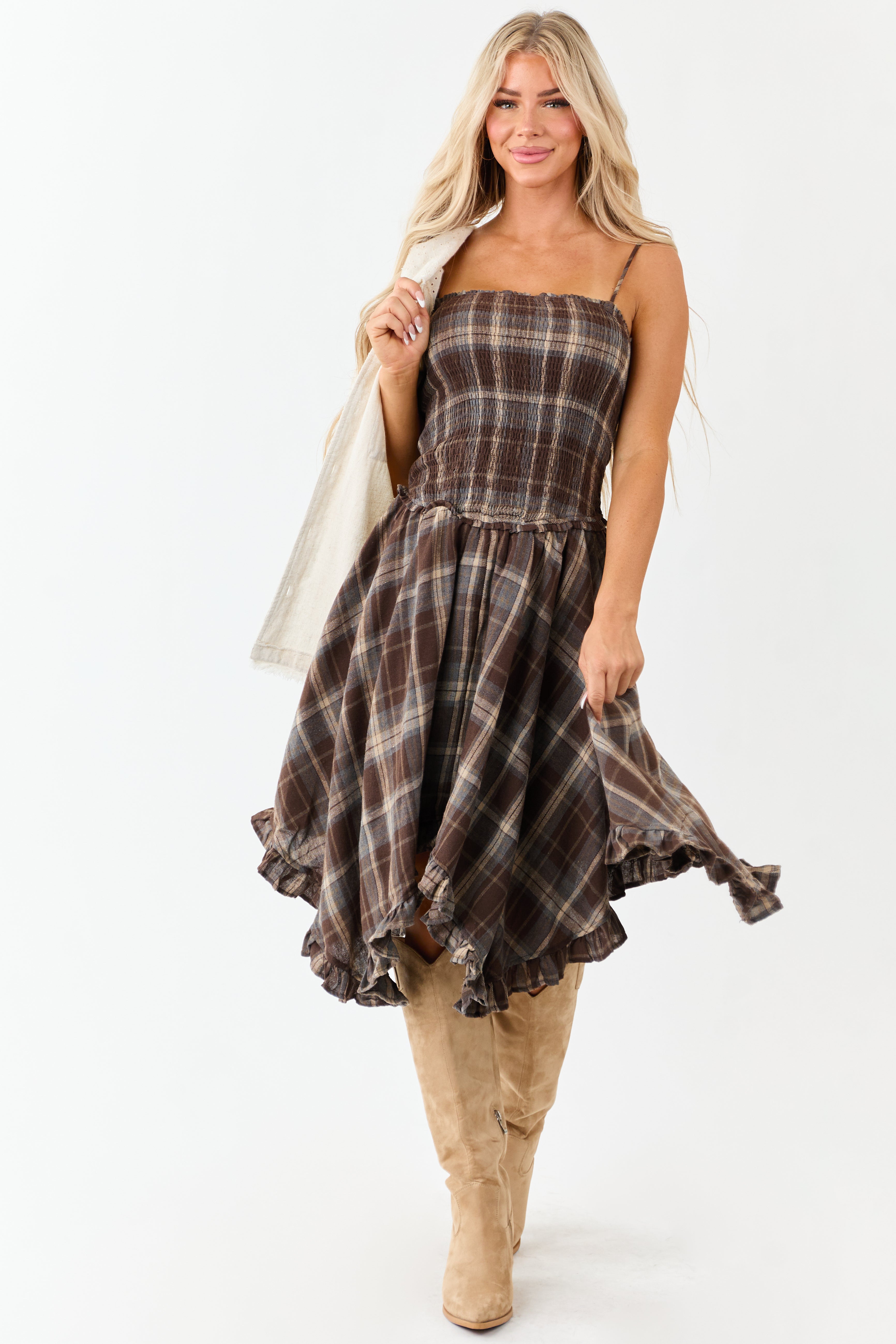 Cocoa Plaid Handkerchief Hem Sleeveless Midi Dress