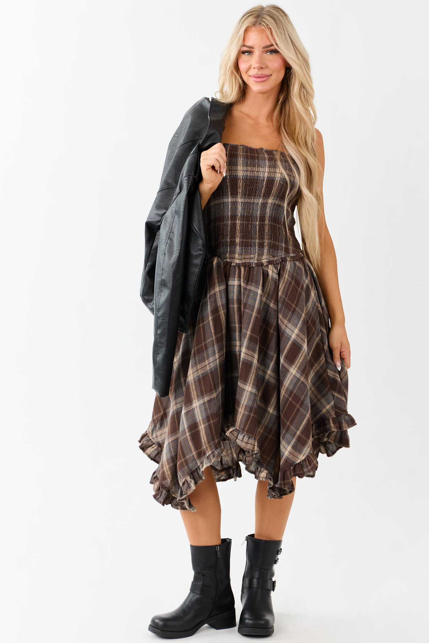 Cocoa Plaid Handkerchief Hem Sleeveless Midi Dress