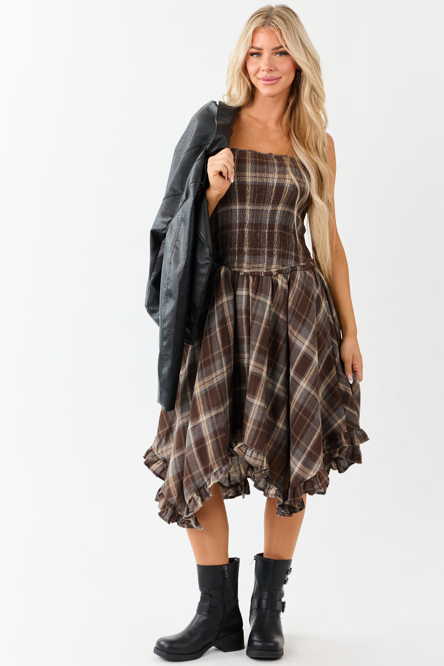 Cocoa Plaid Handkerchief Hem Sleeveless Midi Dress