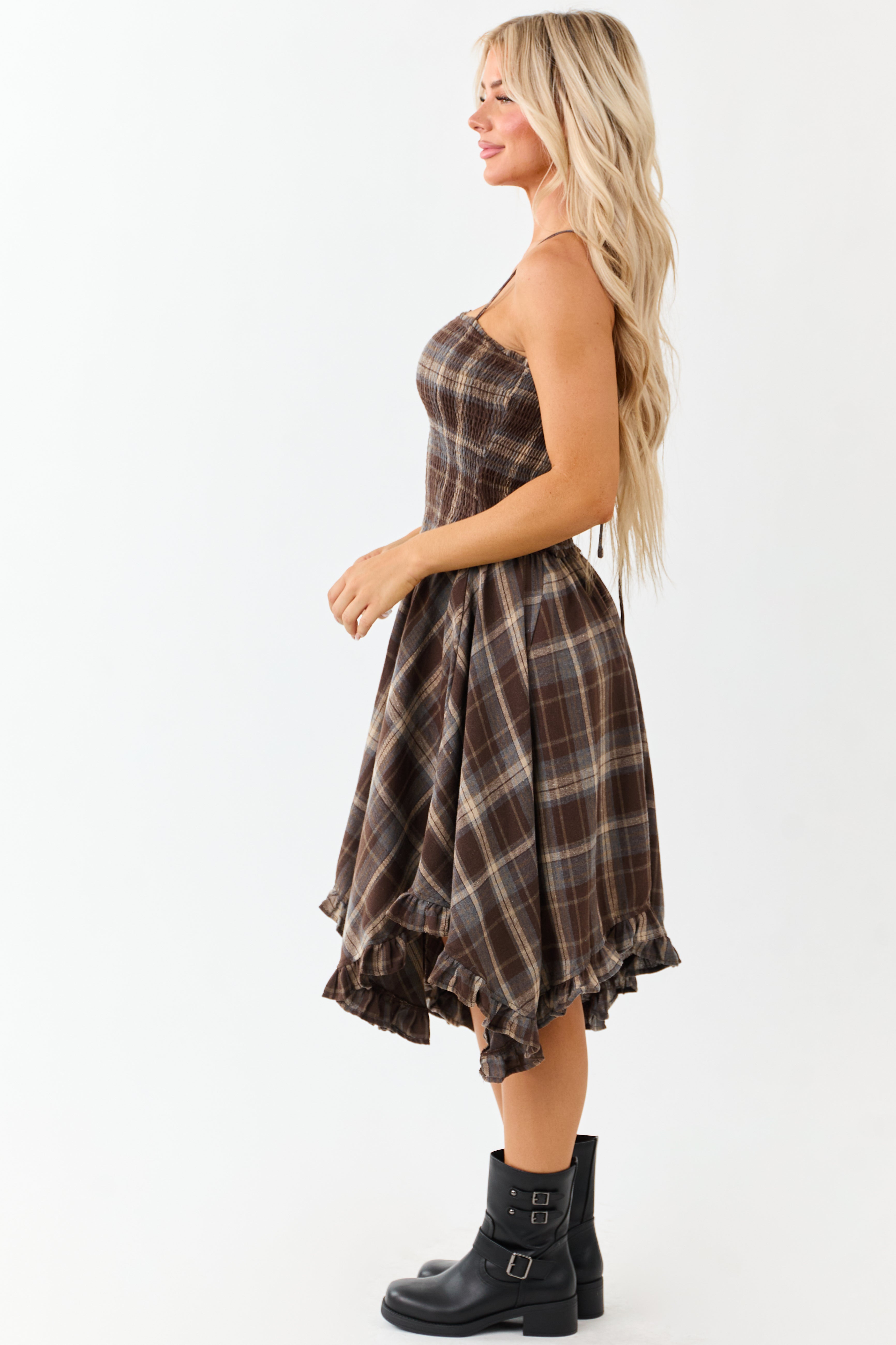 Cocoa Plaid Handkerchief Hem Sleeveless Midi Dress