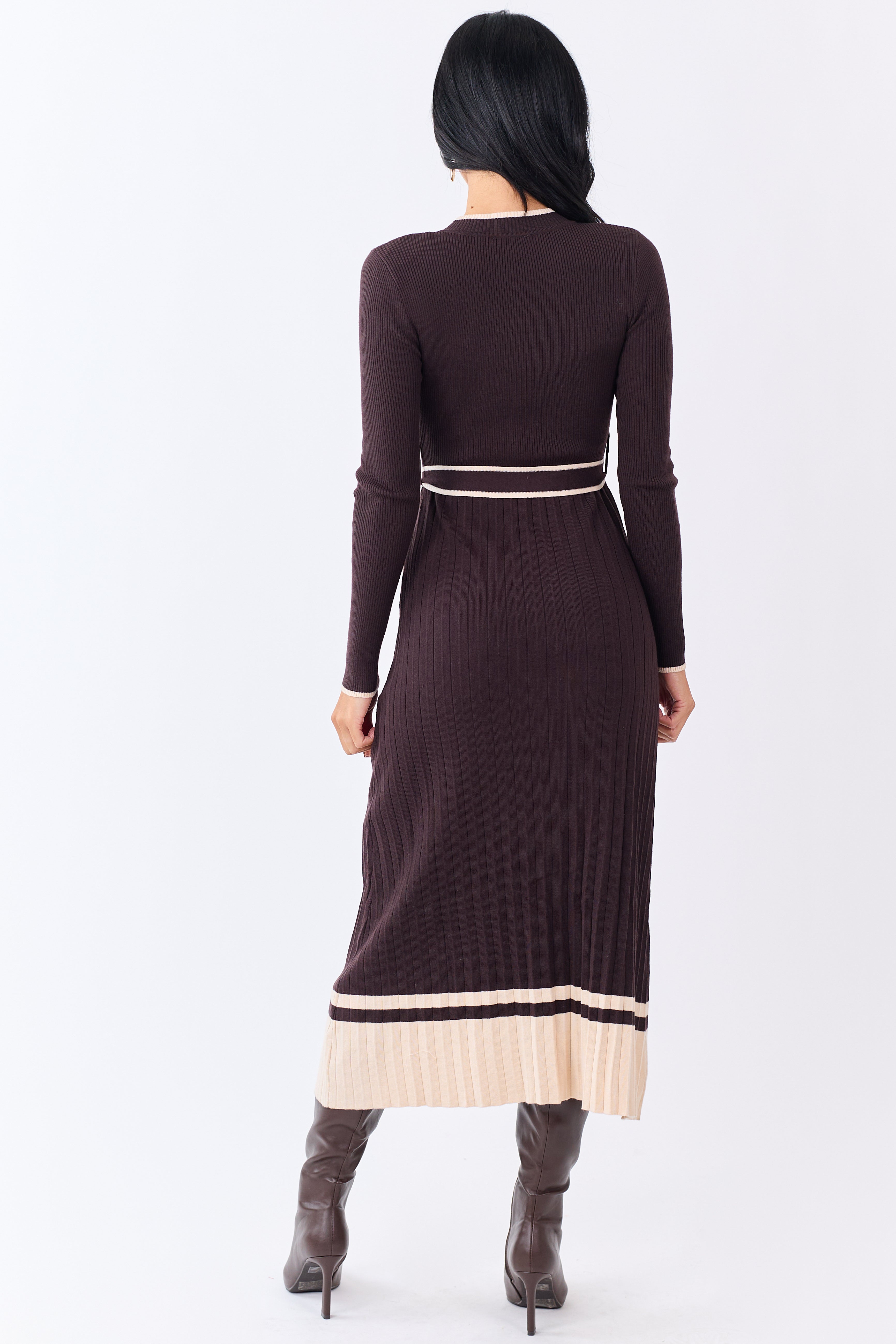 Cocoa Rib Knit Waist Tie Sweater Midi Dress