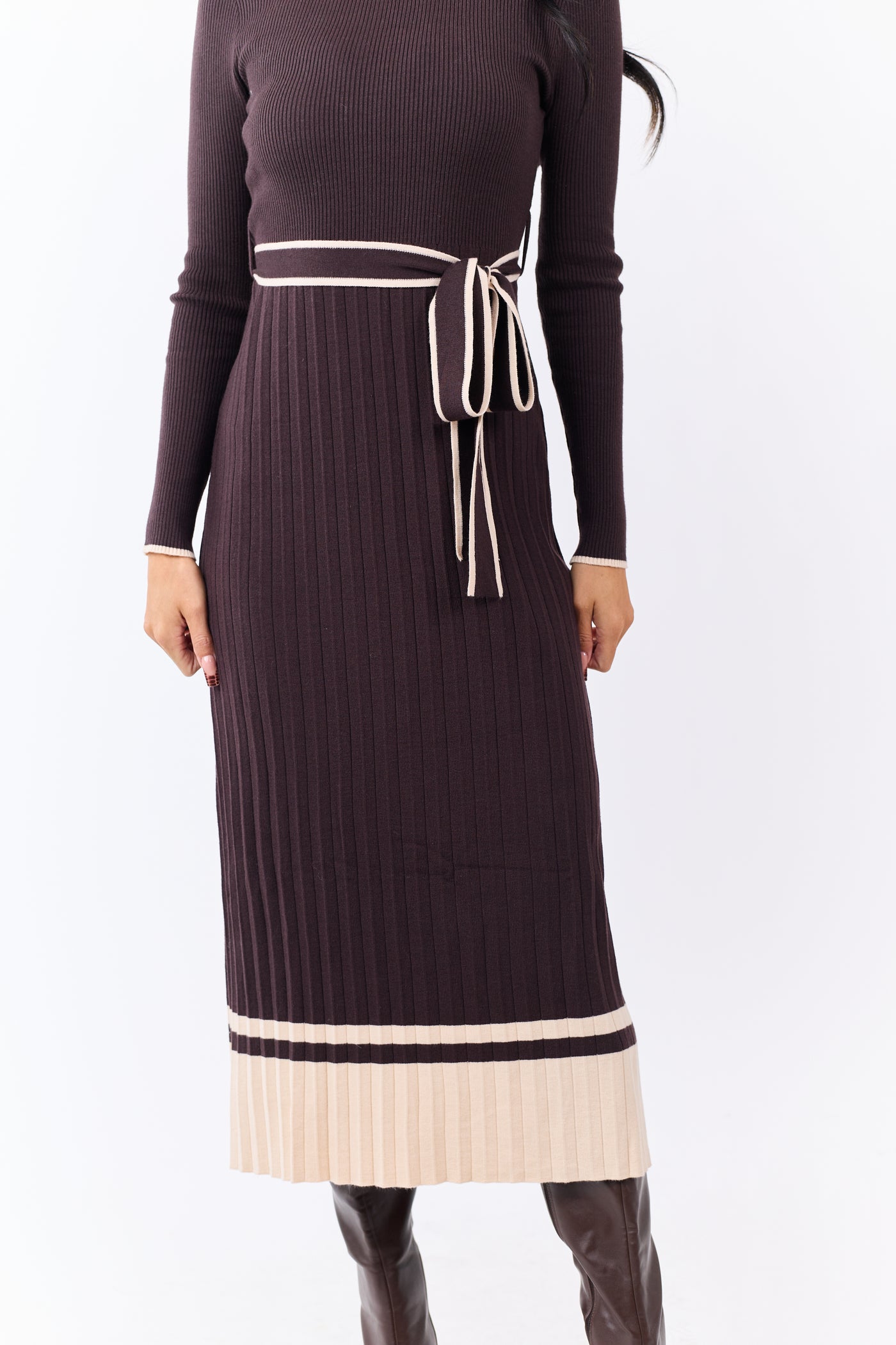 Cocoa Rib Knit Waist Tie Sweater Midi Dress