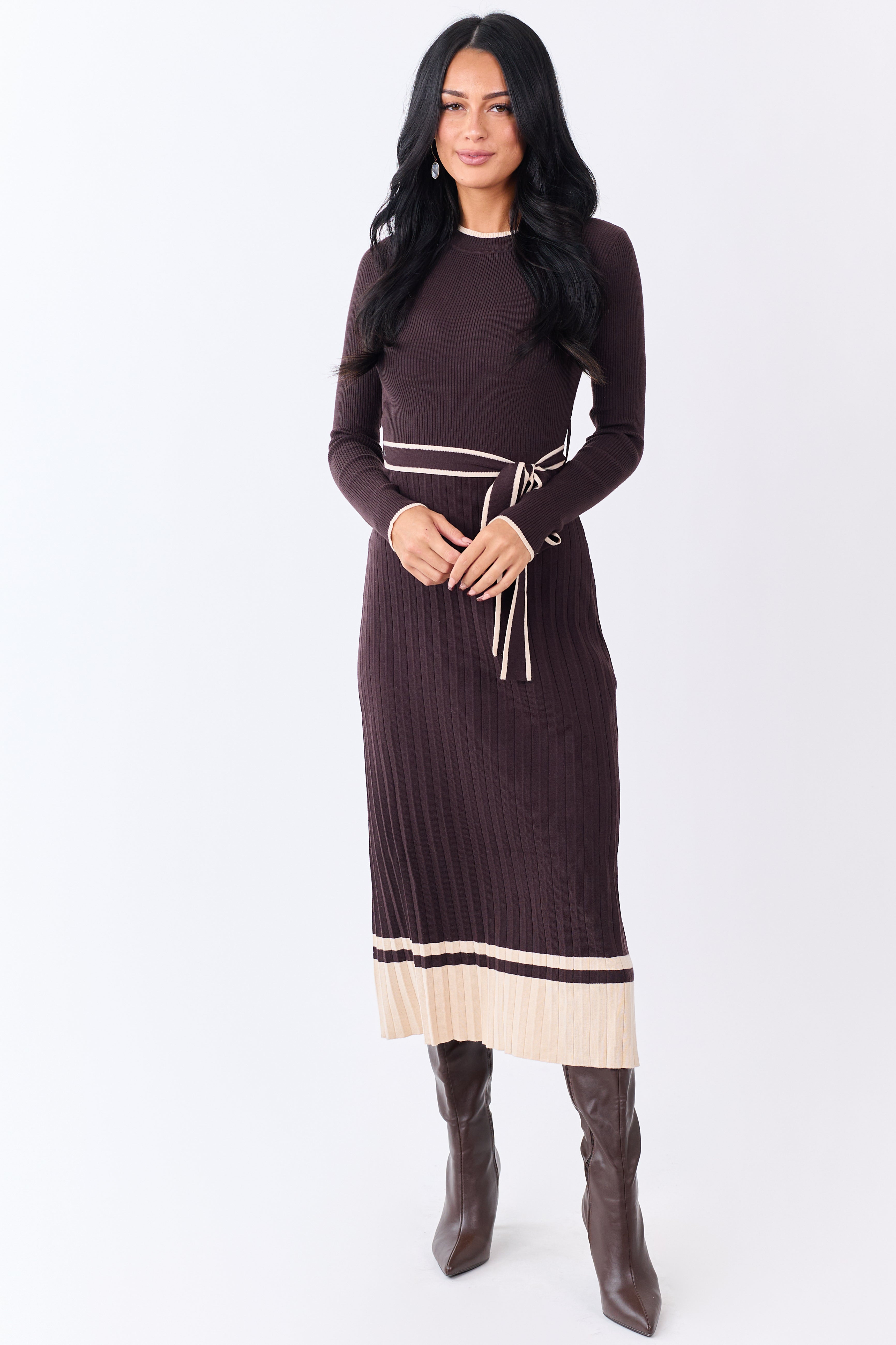 Cocoa Rib Knit Waist Tie Sweater Midi Dress Cocoa Rib Knit Waist Tie Sweater Midi Dress