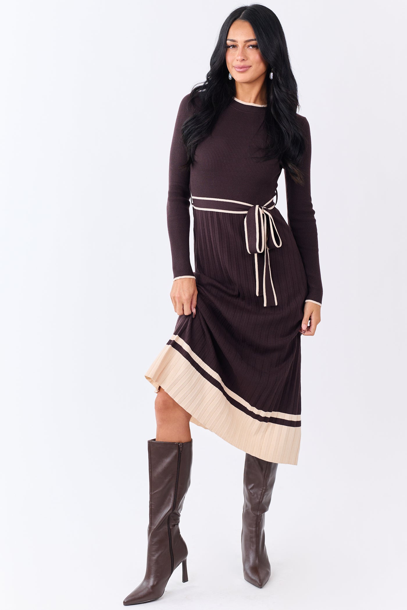 Cocoa Rib Knit Waist Tie Sweater Midi Dress