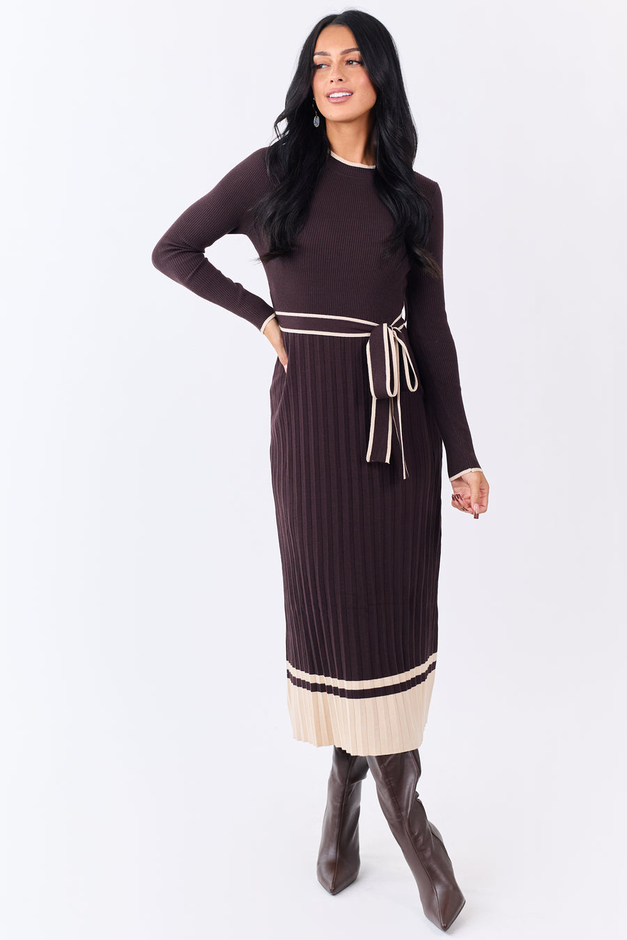 Cocoa Rib Knit Waist Tie Sweater Midi Dress