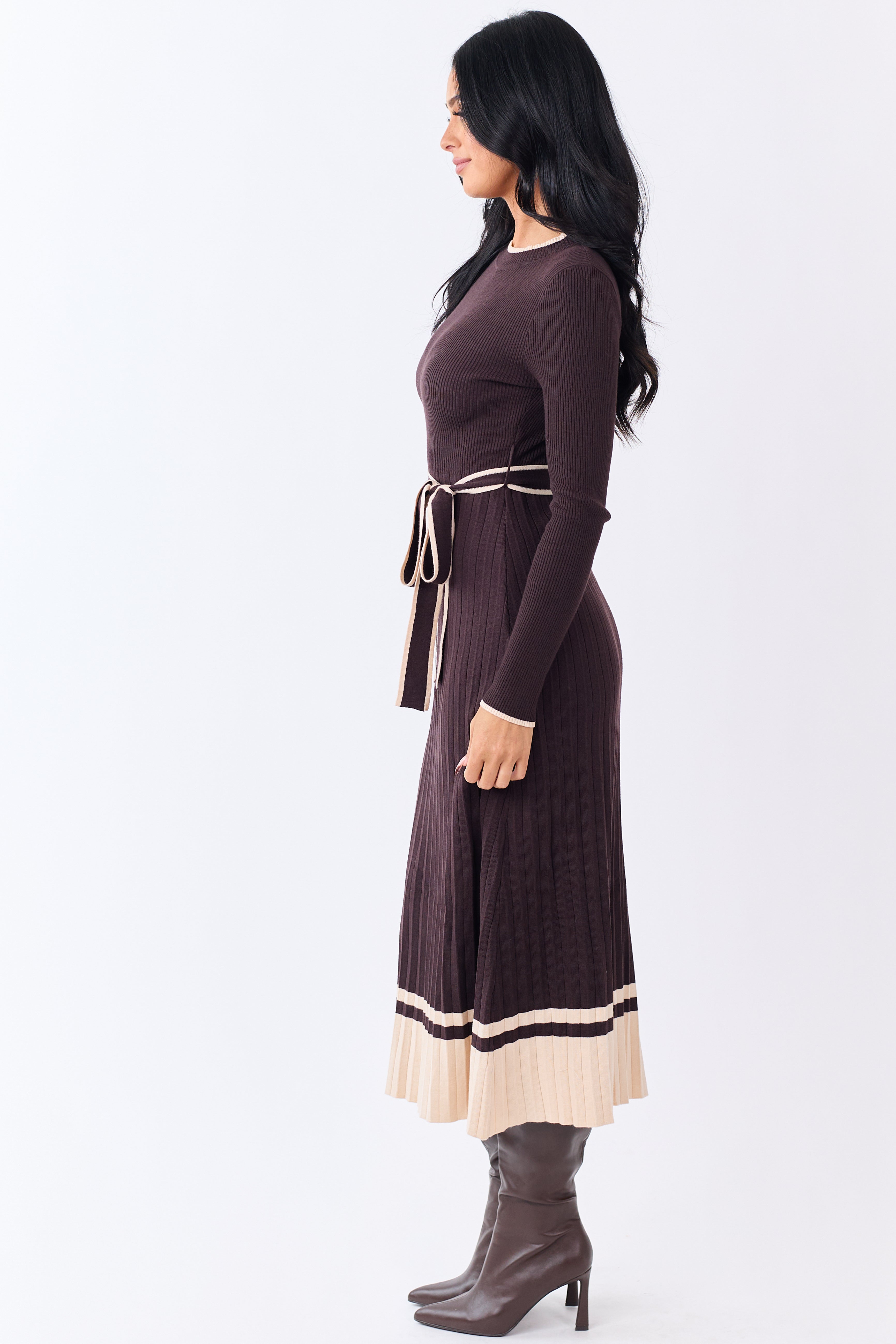 Cocoa Rib Knit Waist Tie Sweater Midi Dress