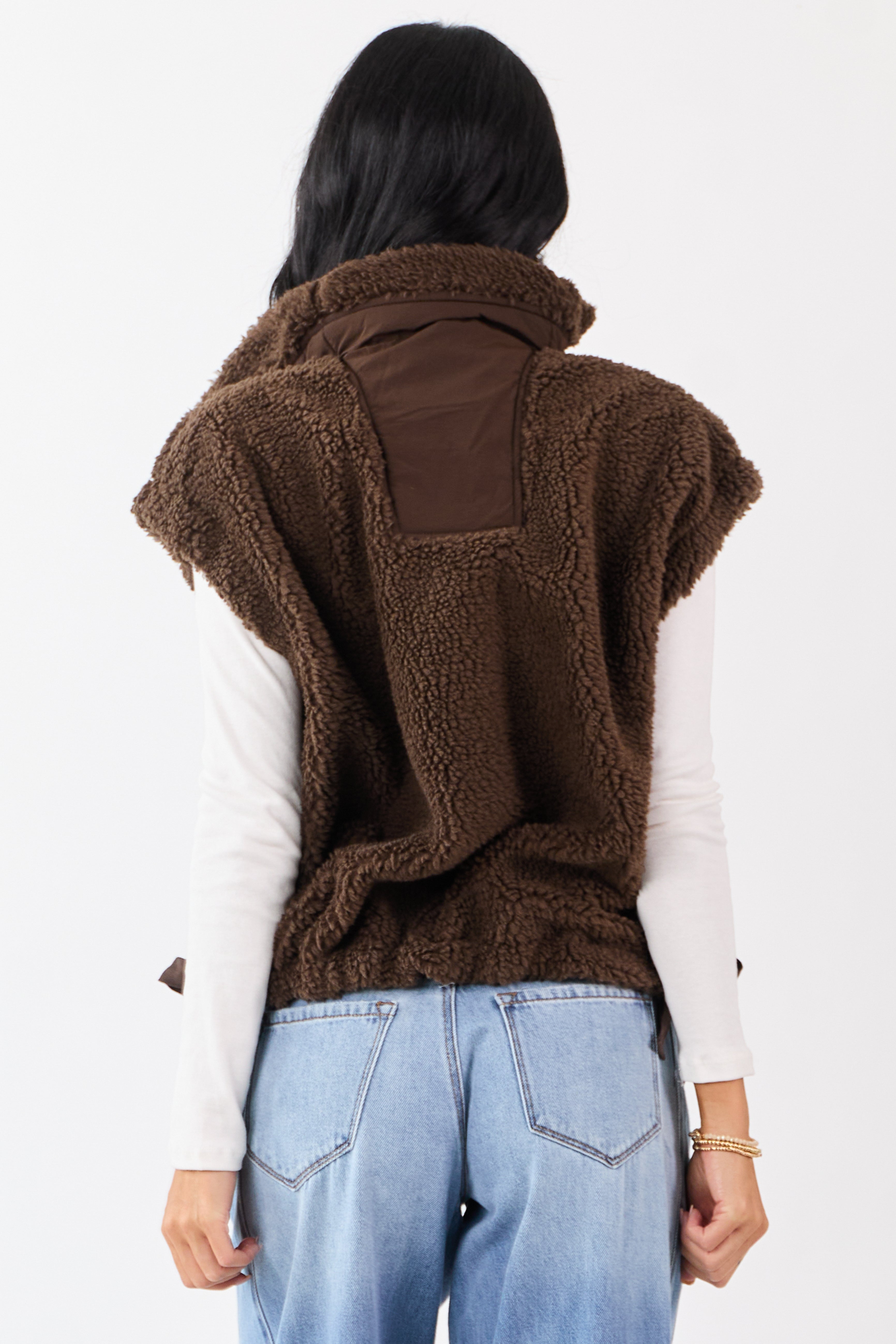 Cocoa Sherpa Contrast Button Down Side Tie Vest