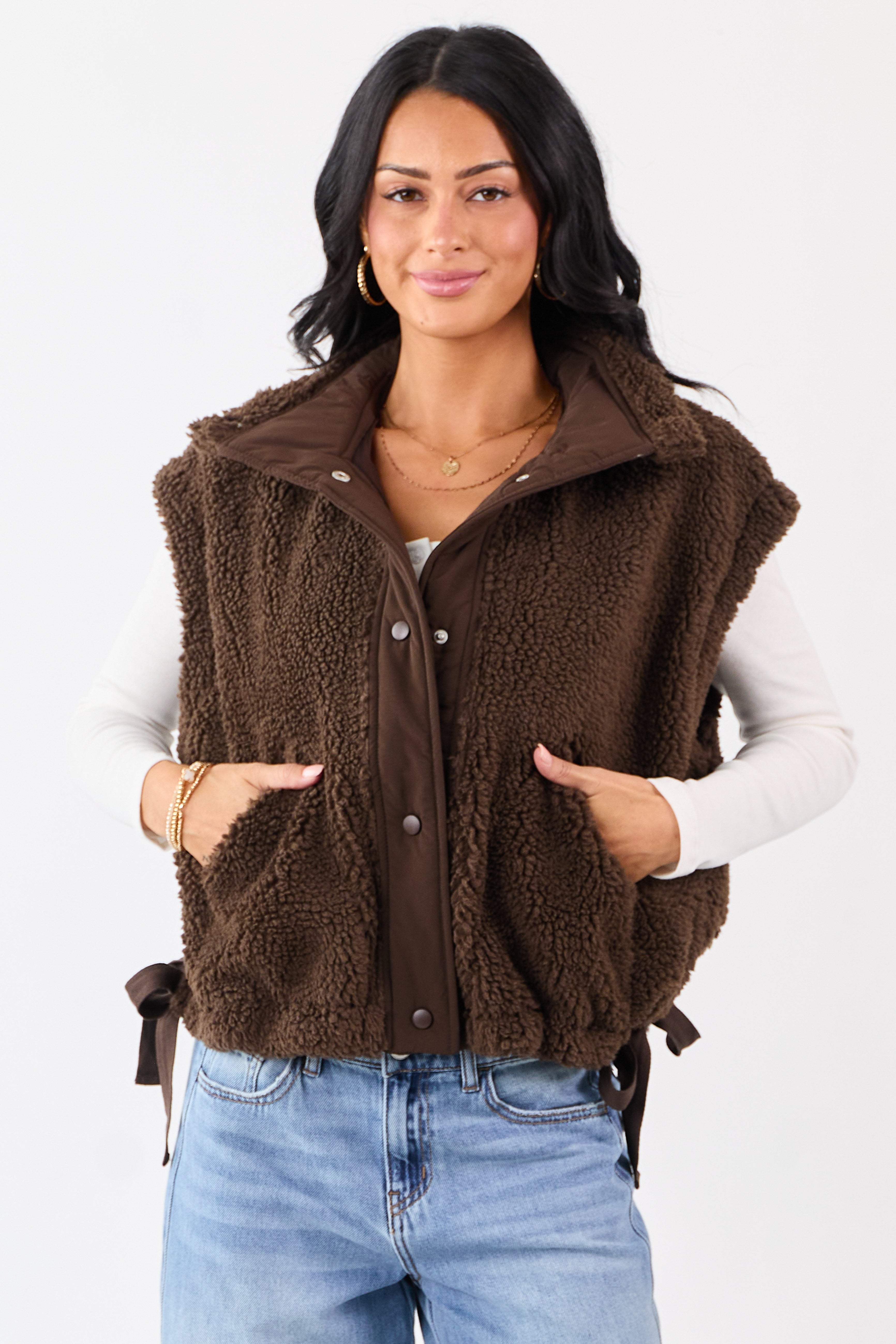 Cocoa Sherpa Contrast Button Down Side Tie Vest