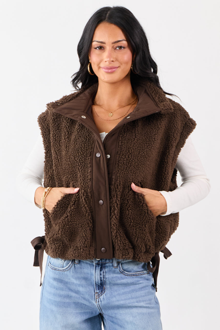 Cocoa Sherpa Contrast Button Down Side Tie Vest