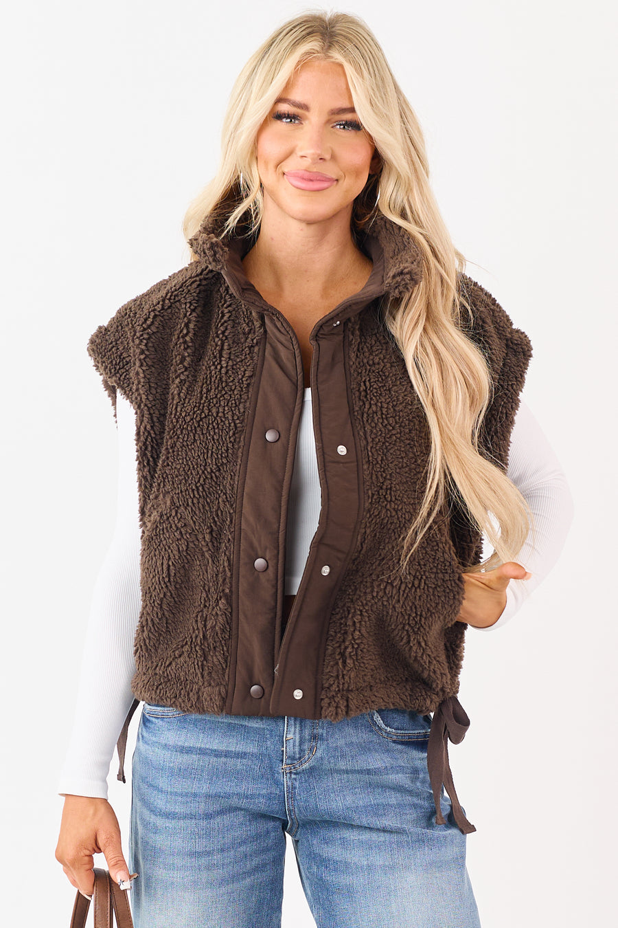 Cocoa Sherpa Contrast Button Down Side Tie Vest