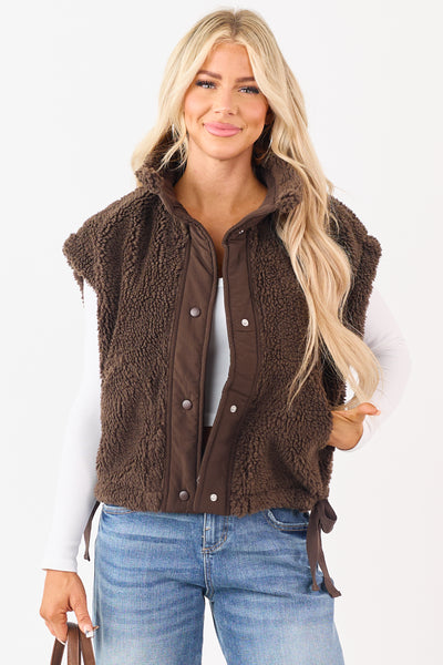Cocoa Sherpa Contrast Button Down Side Tie Vest | Lime Lush Boutique
