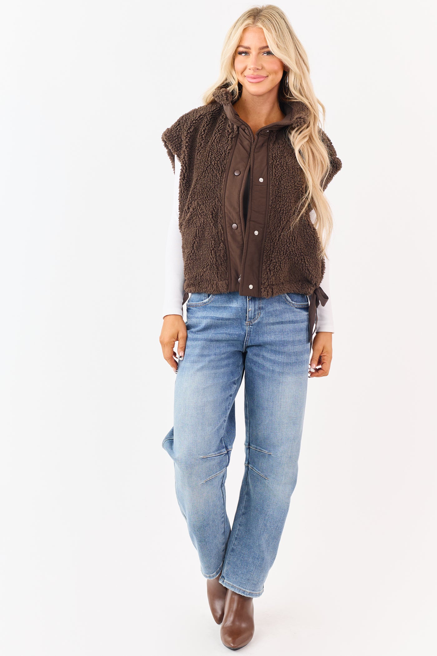 Cocoa Sherpa Contrast Button Down Side Tie Vest