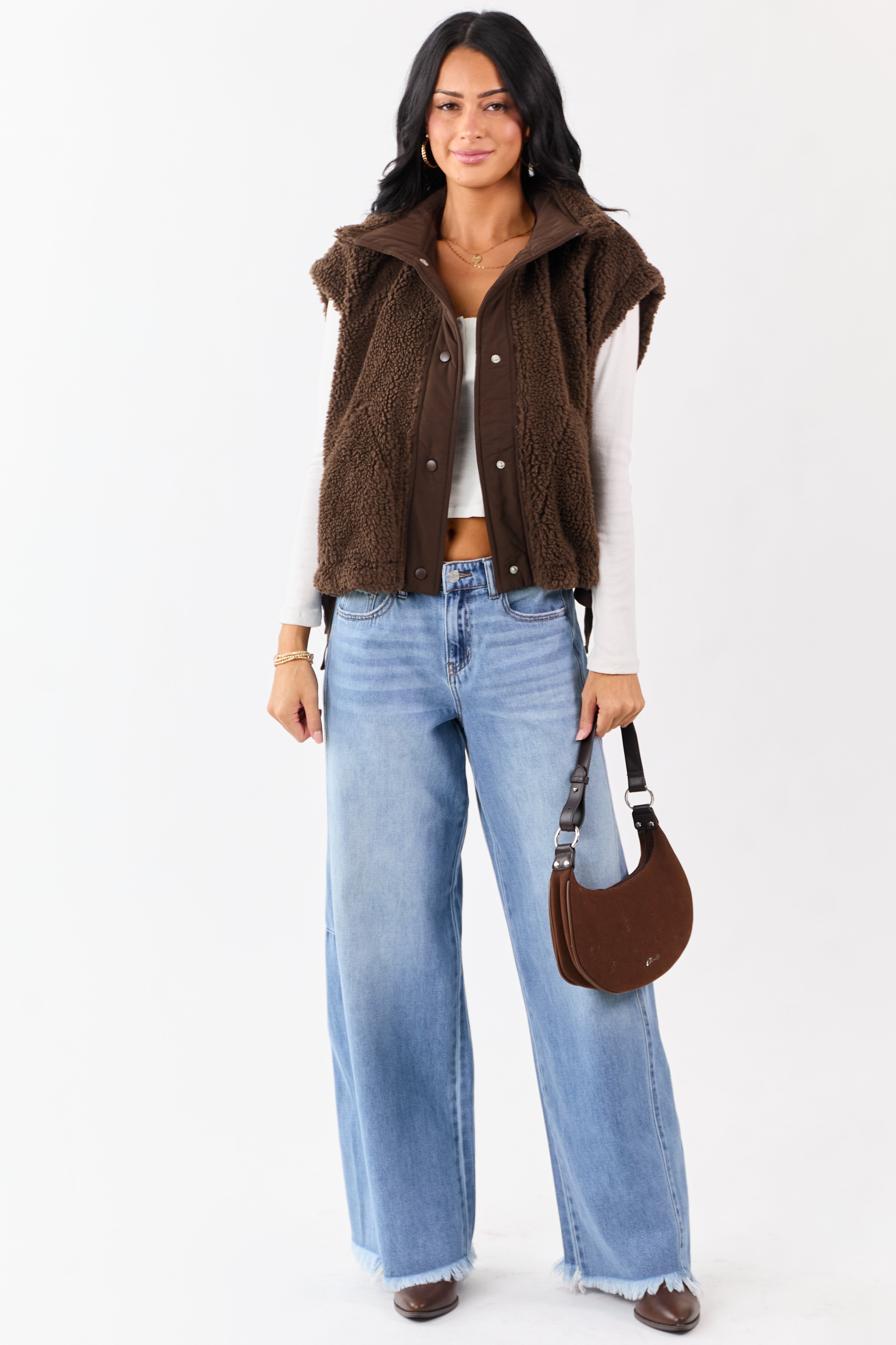 Cocoa Sherpa Contrast Button Down Side Tie Vest
