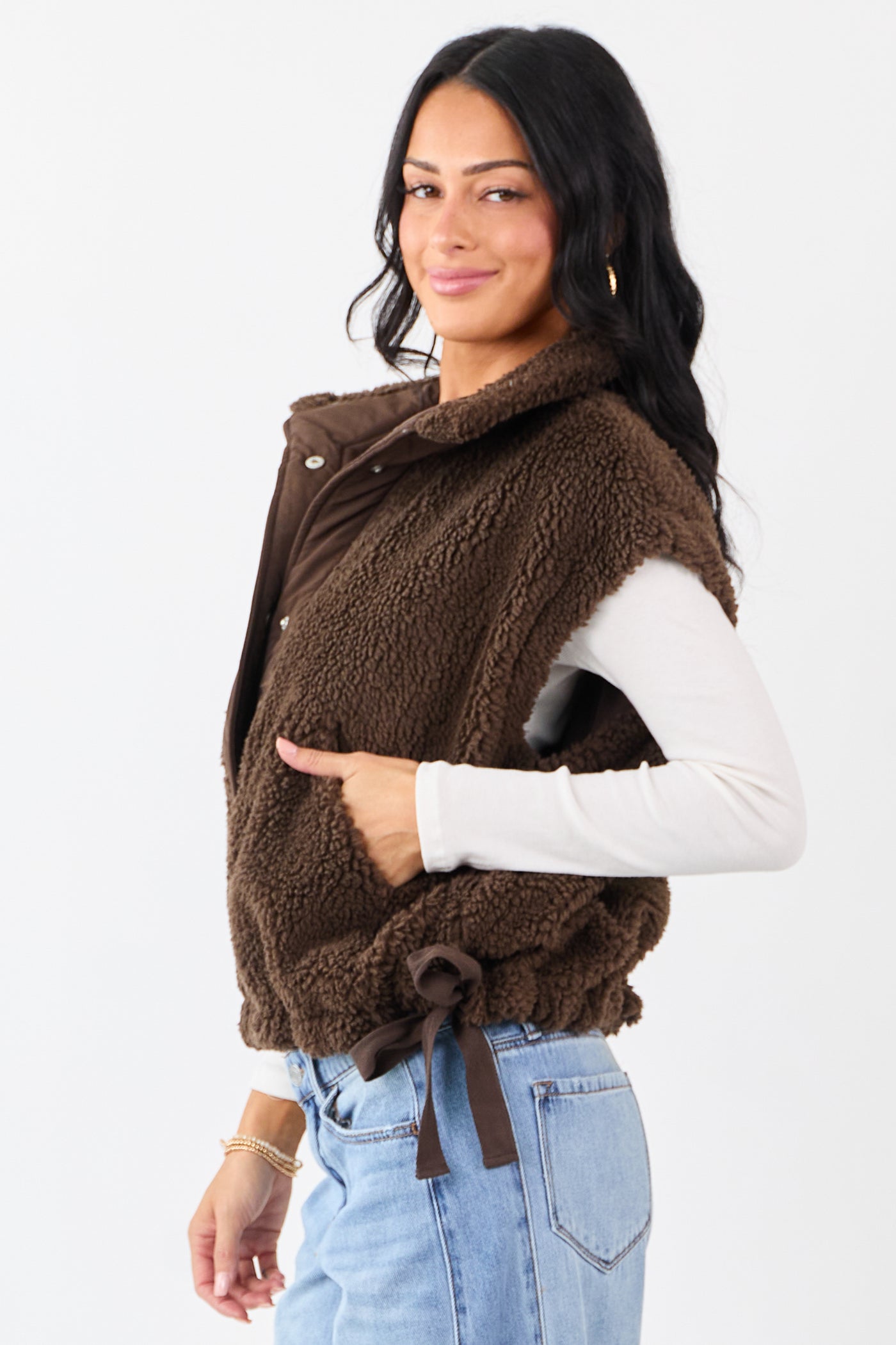 Cocoa Sherpa Contrast Button Down Side Tie Vest