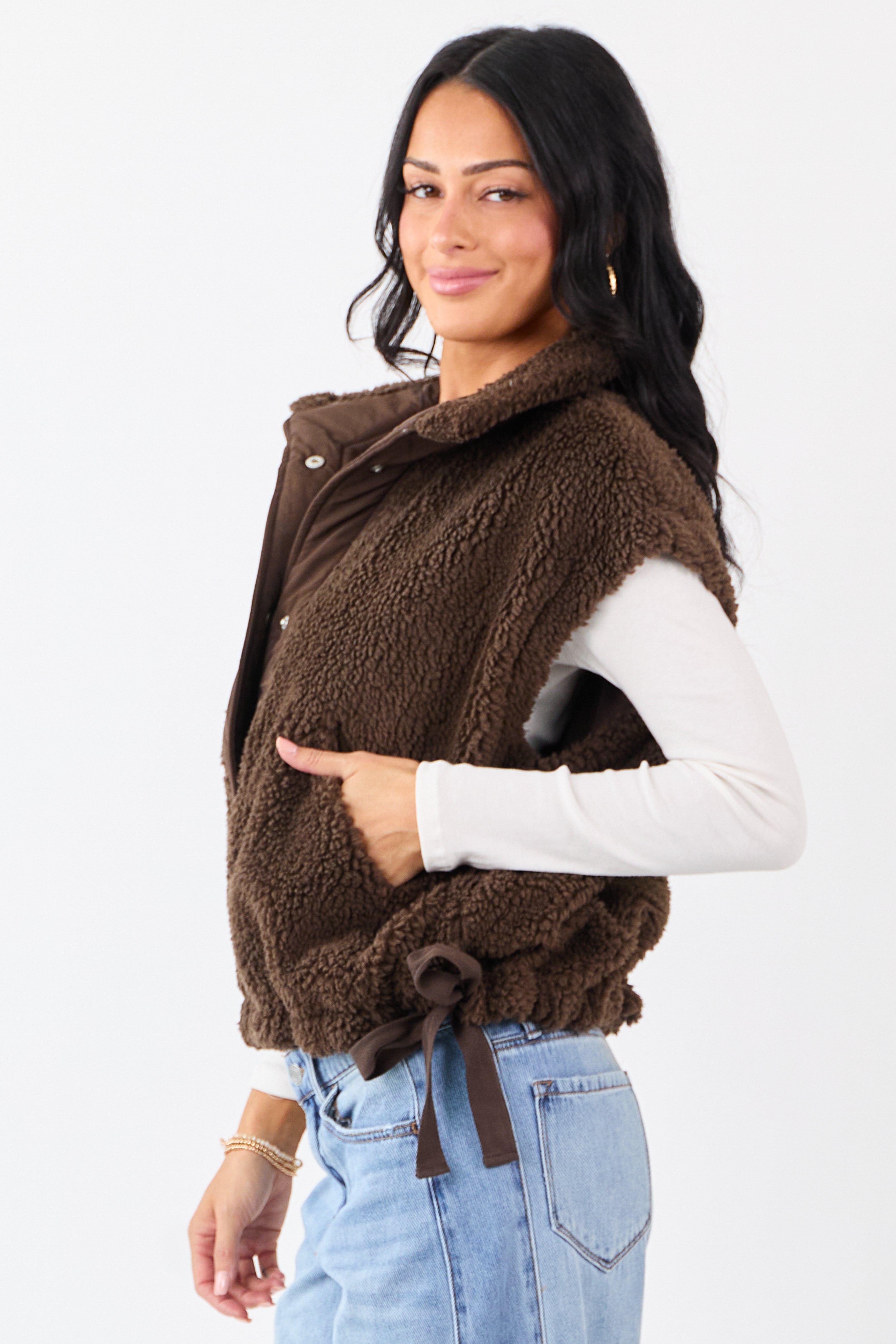 Cocoa Sherpa Contrast Button Down Side Tie Vest