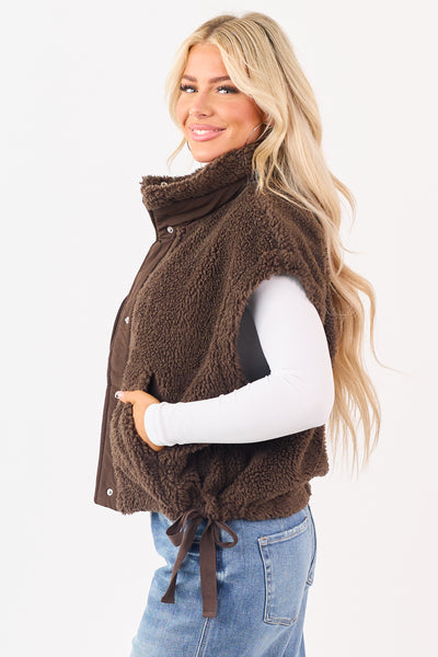 Cocoa Sherpa Contrast Button Down Side Tie Vest
