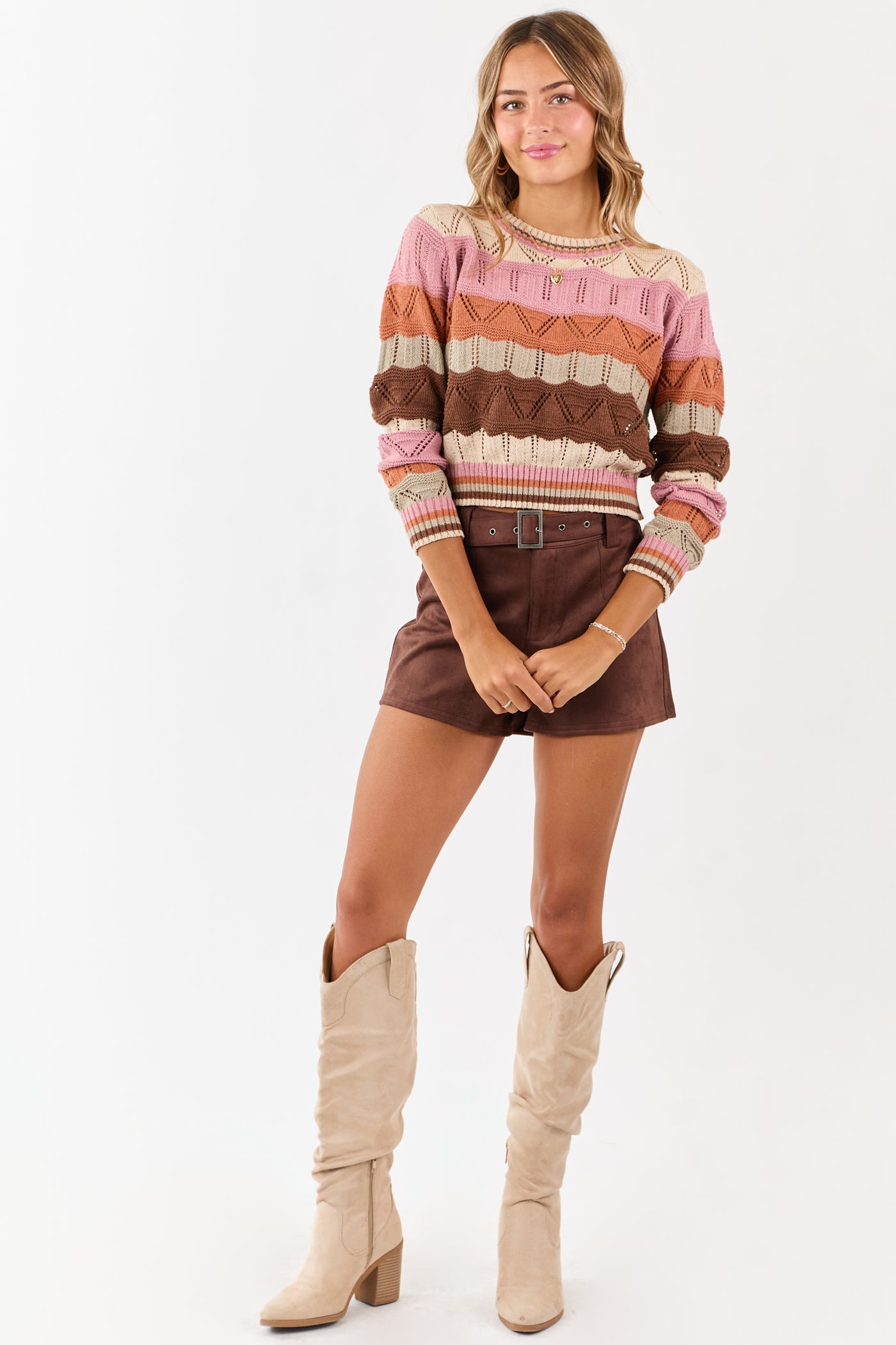 Cocoa Soft Faux Suede Belted Mini Shorts