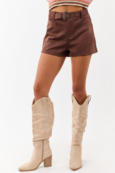 Cocoa Soft Faux Suede Belted Mini Shorts