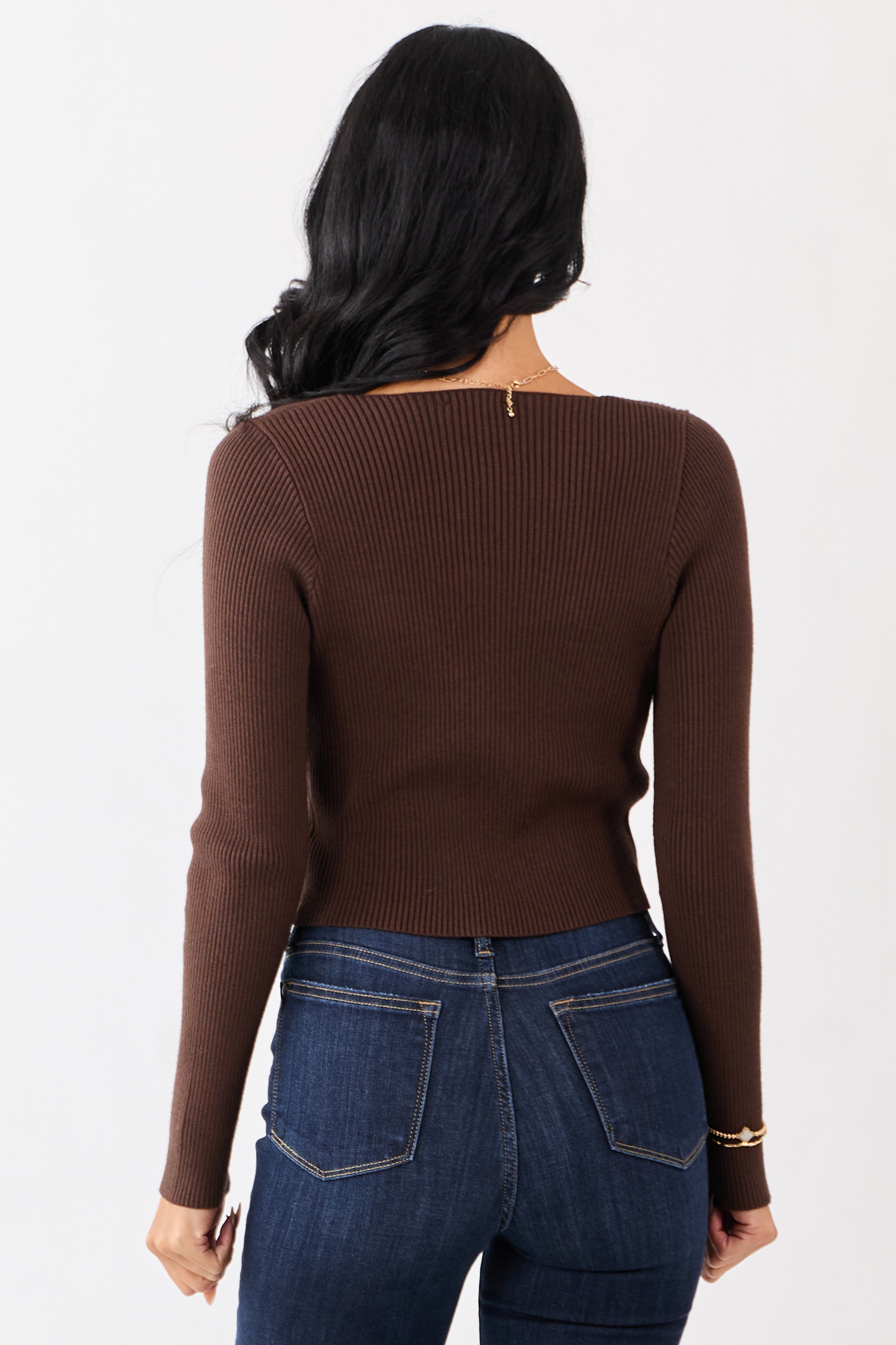 Cocoa Square Neck Faux Button Front Sweater Top