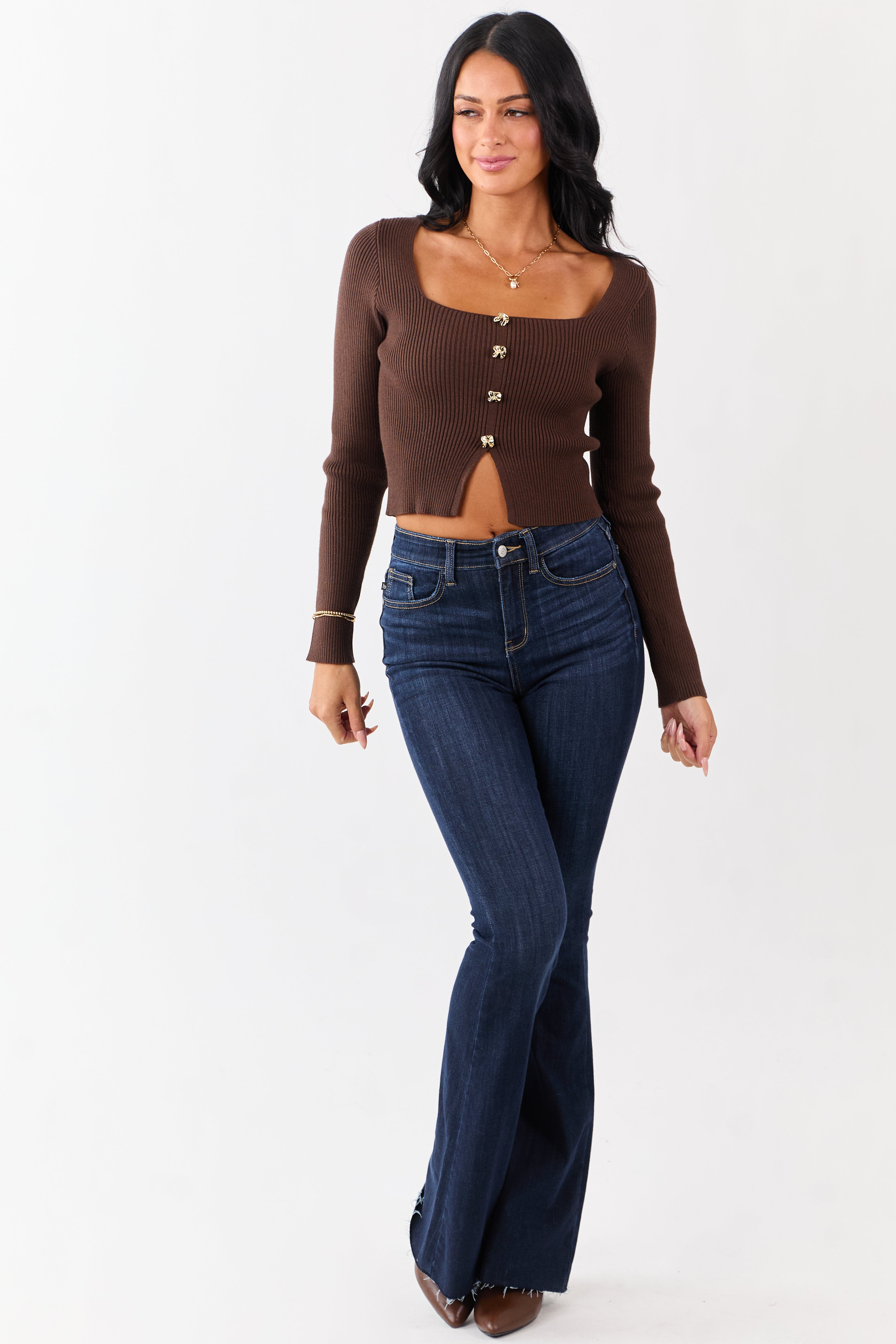 Cocoa Square Neck Faux Button Front Sweater Top